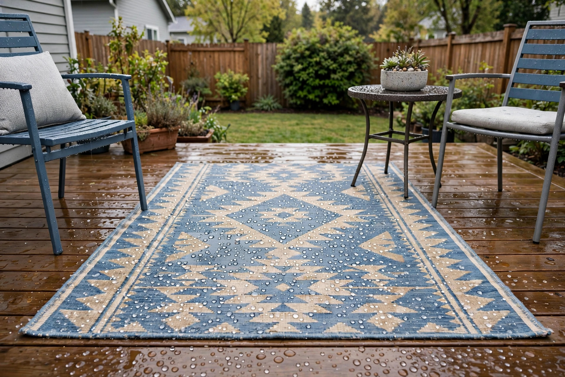 outdoor rug for deck waterproof reviews: A waterproof outdoor rug laid flat on a wooden deck