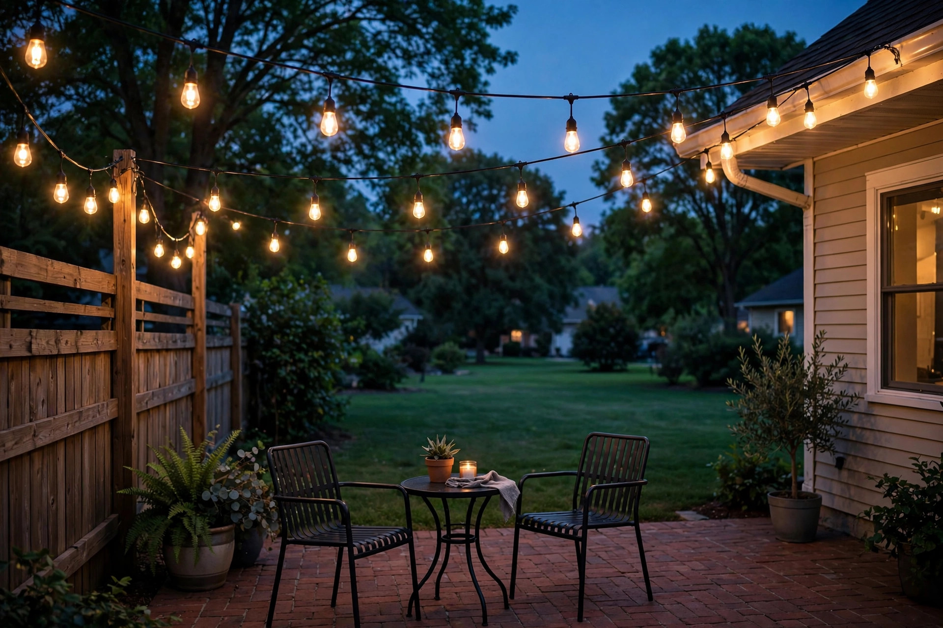 best patio string lights for backyard: String lights glowing over a backyard patio at dusk