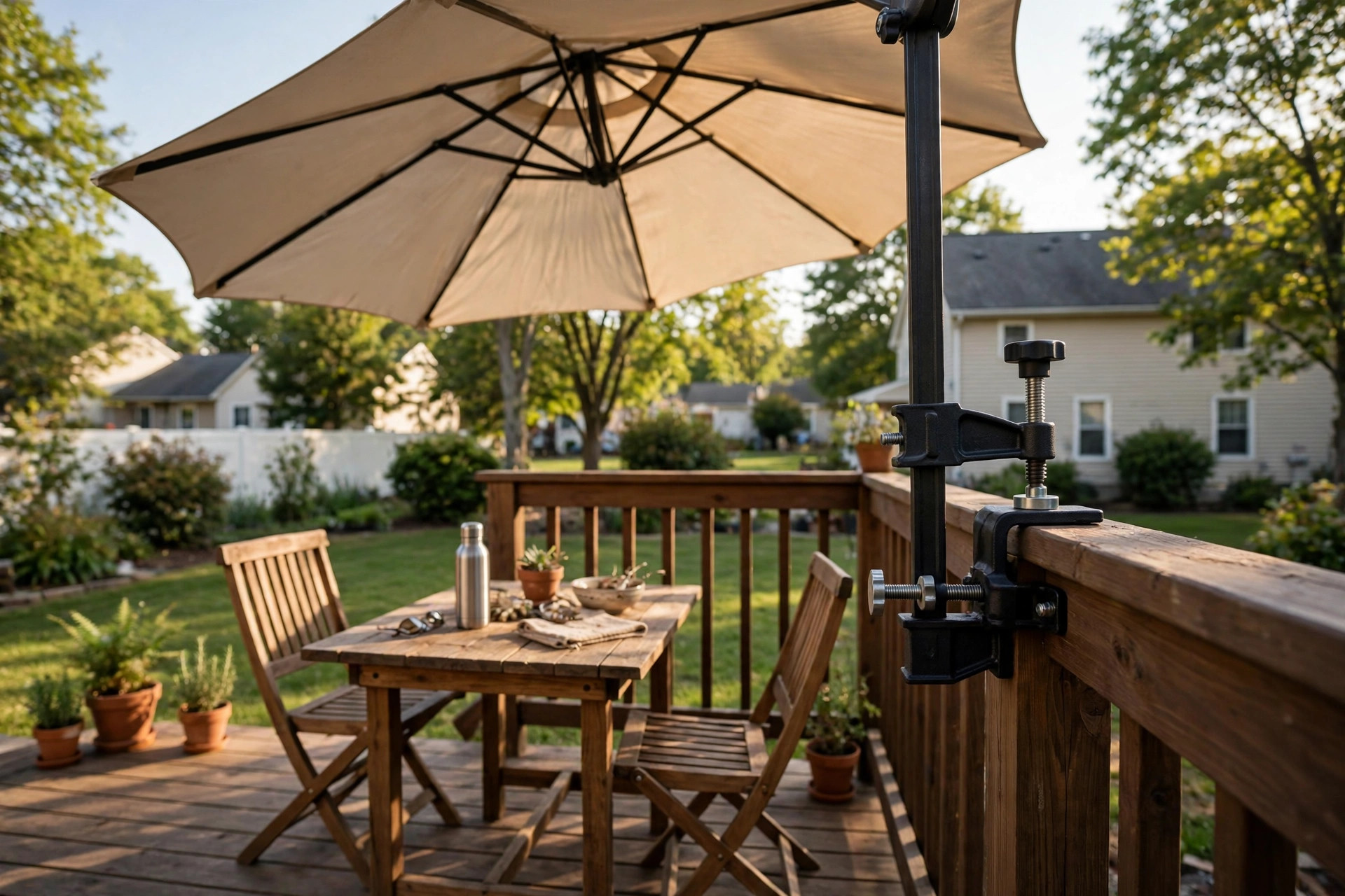 patio umbrella stand for deck railing: Clamp-style patio umbrella stand holding a beige umbrella on a wooden deck railing