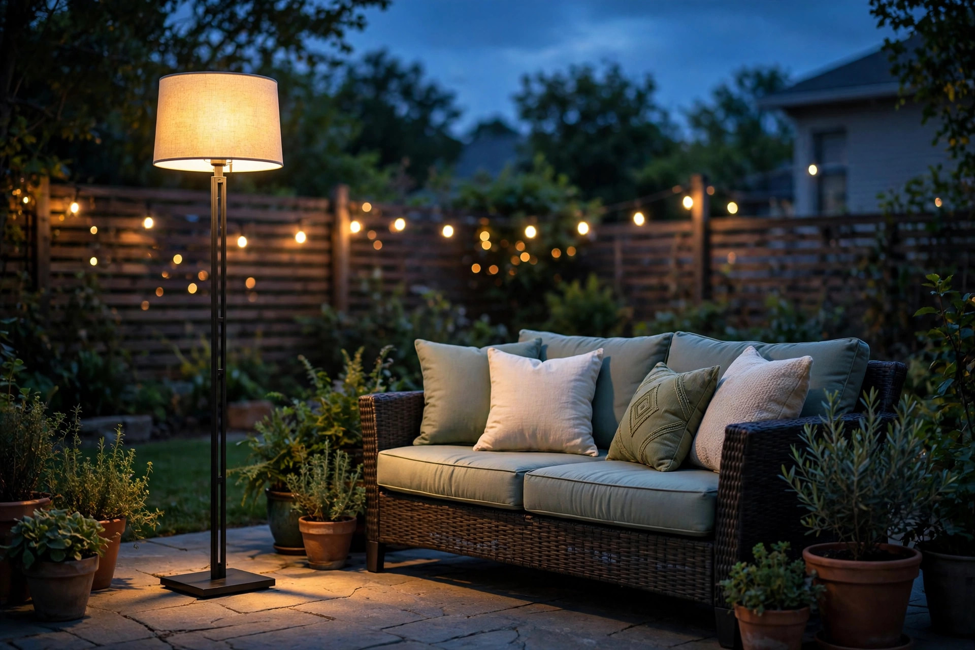 An outdoor floor lamp waterproof for patio glowing beside a patio sofa at dusk