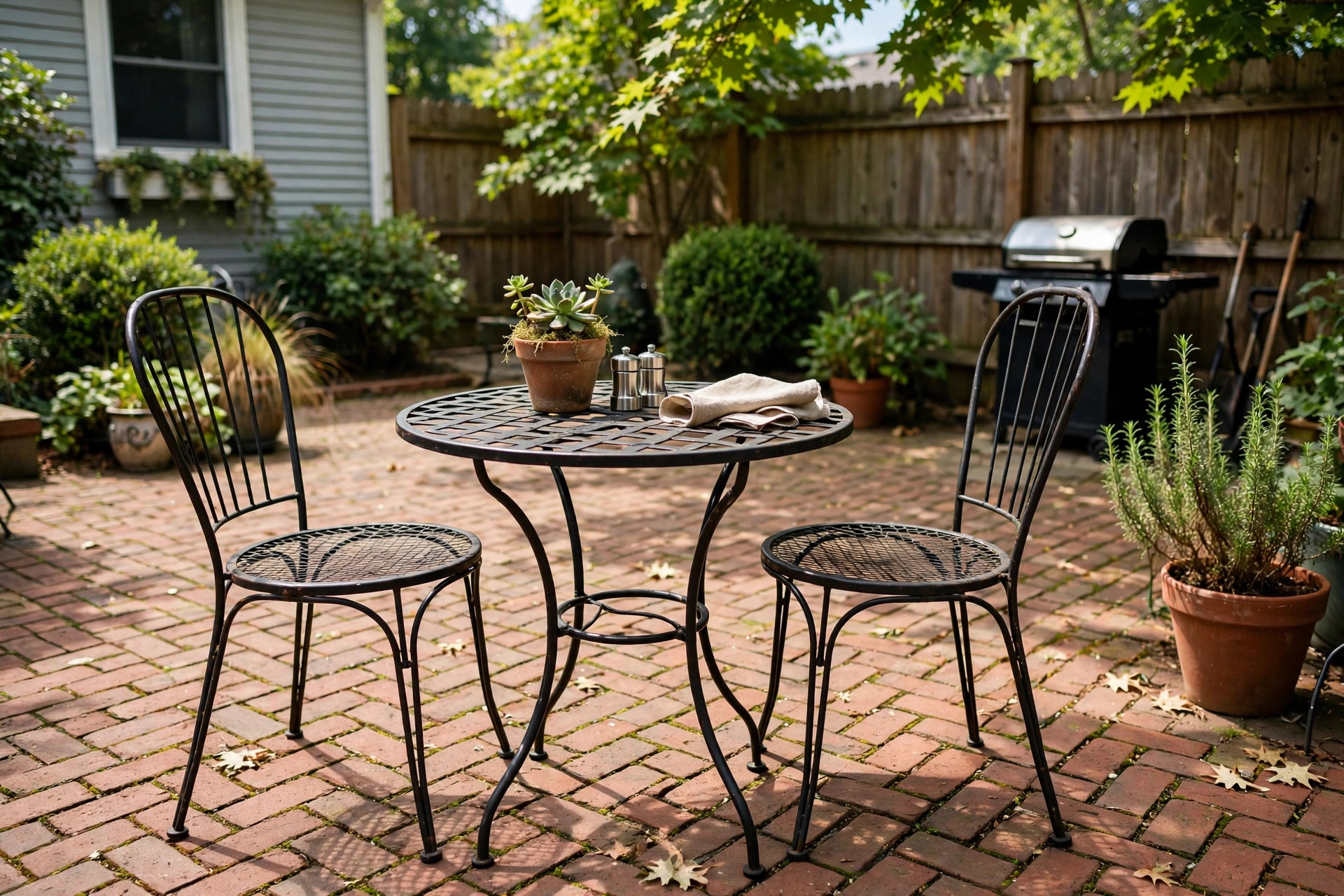 best small patio table for two: A small bistro patio table for two on a sunny brick patio