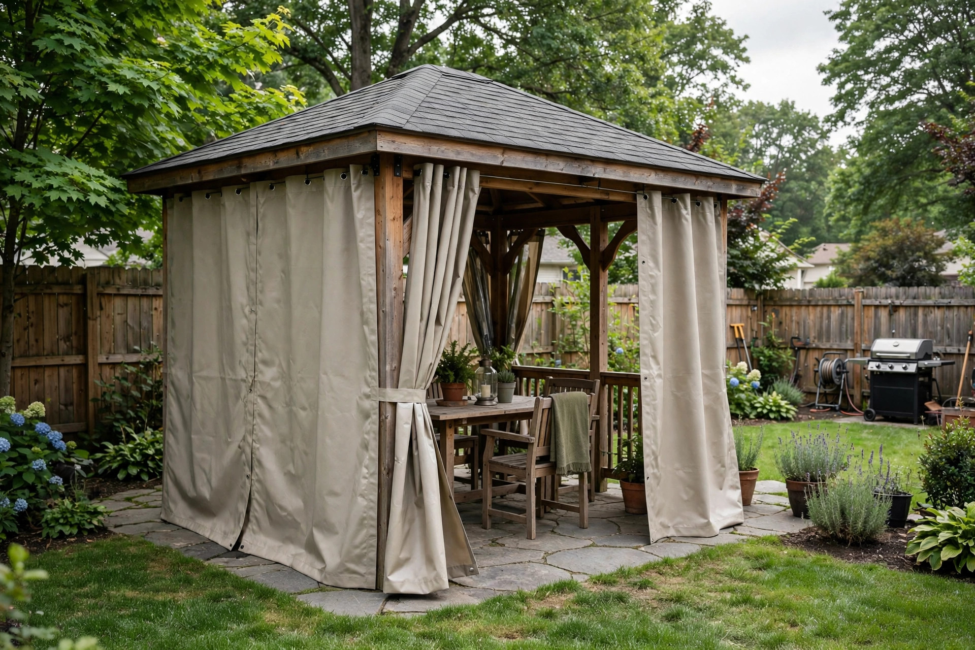 outdoor curtains for gazebo waterproof reviews: Waterproof outdoor curtains hanging in a garden gazebo