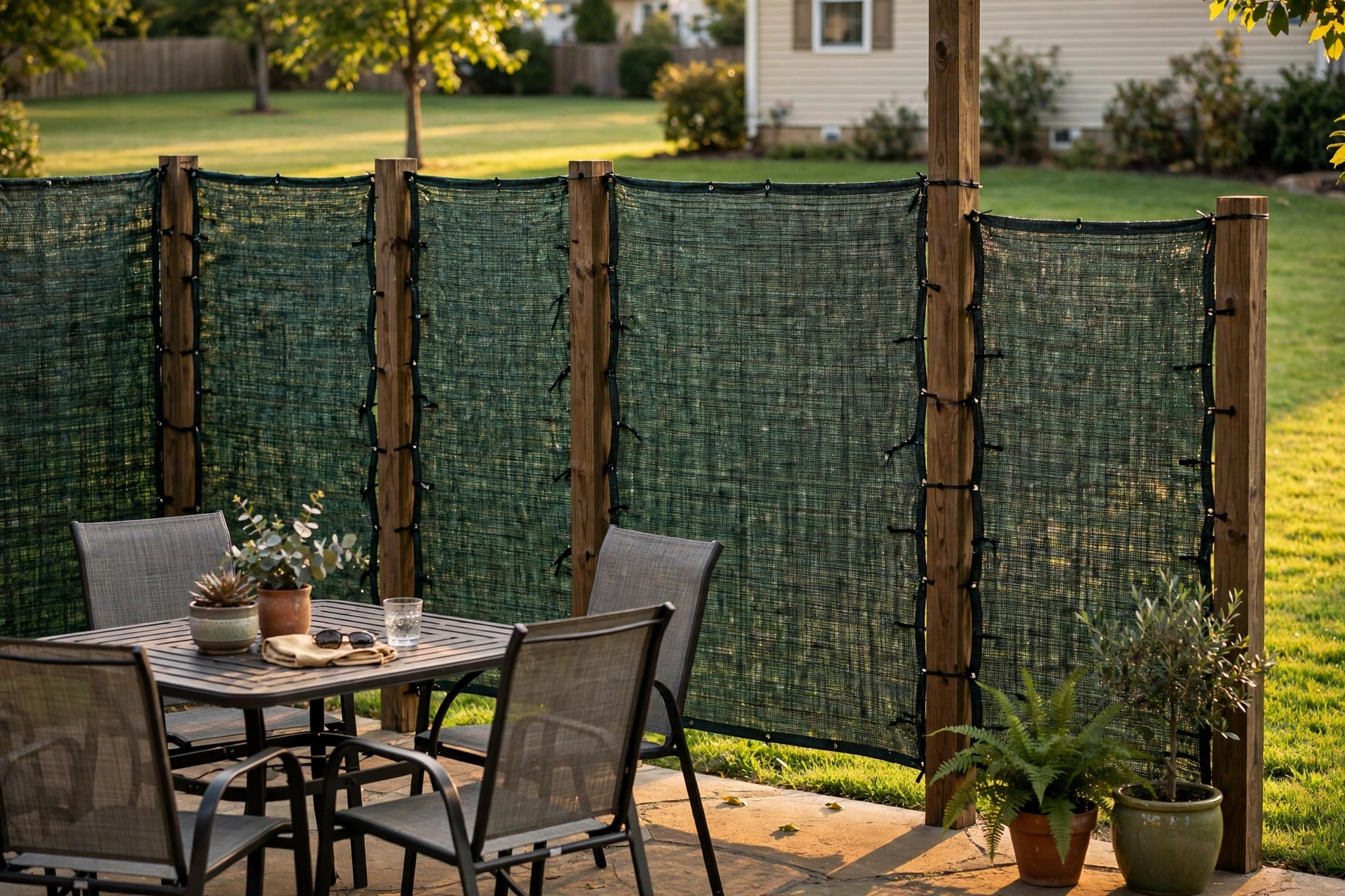 how to install patio privacy screen: Patio privacy screen installed along a backyard patio