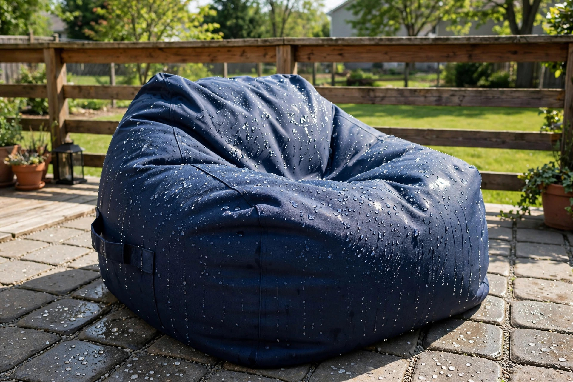 best outdoor bean bag chair waterproof: Waterproof outdoor bean bag chair on a sunny patio