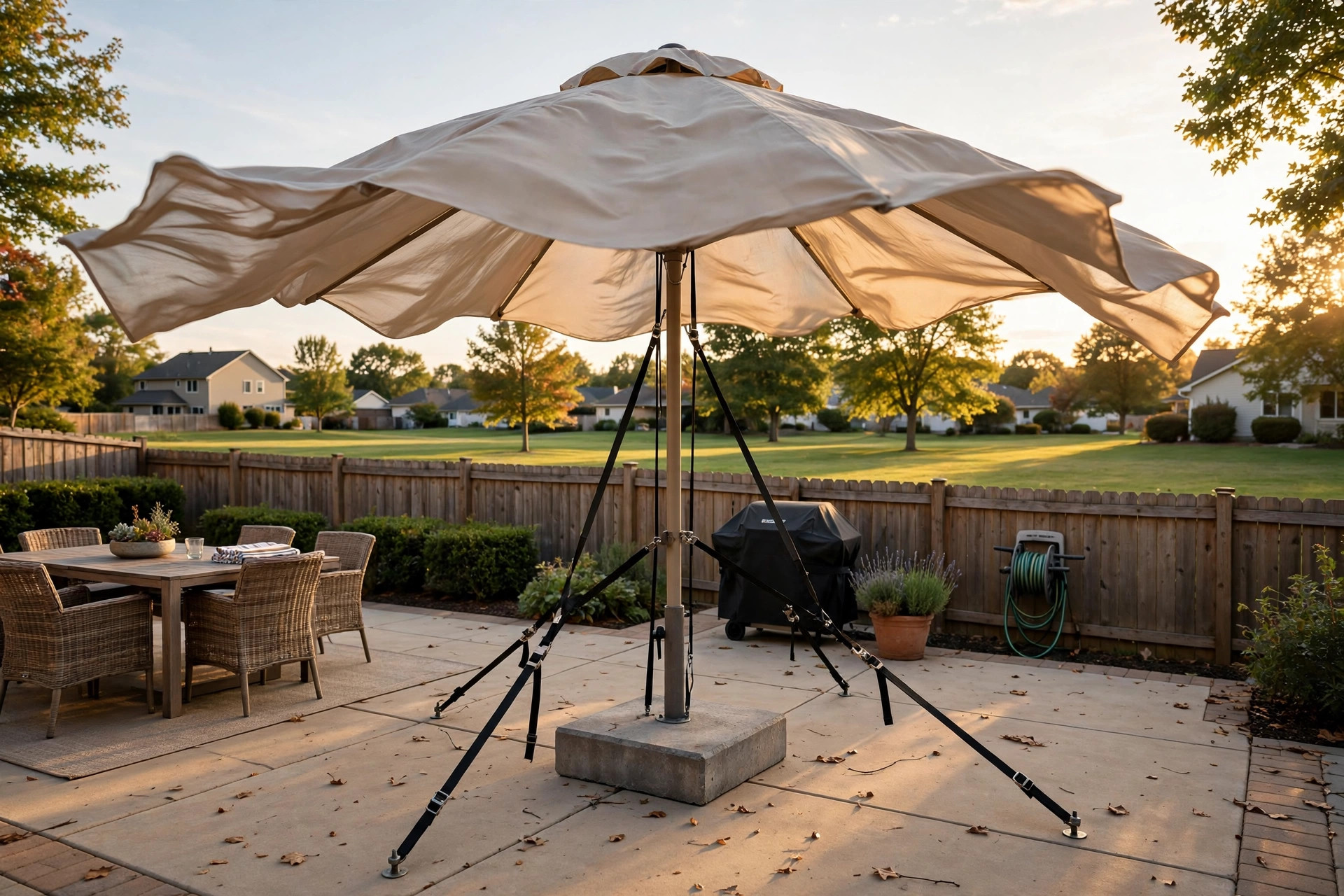 how to secure patio umbrella in wind: Patio umbrella secured with a heavy base and straps against wind