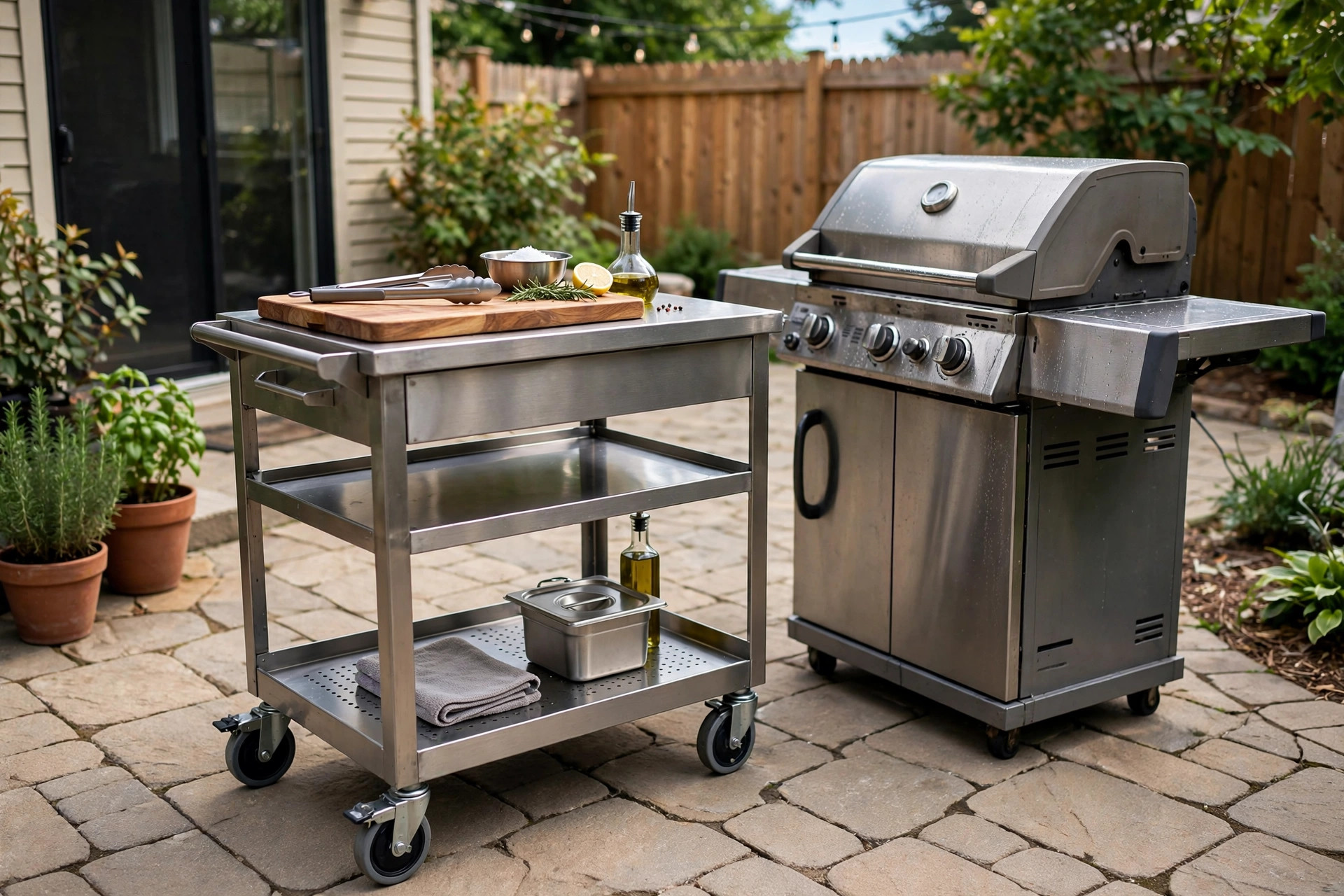 outdoor kitchen cart with wheels reviews: Outdoor kitchen cart with wheels set on a backyard patio