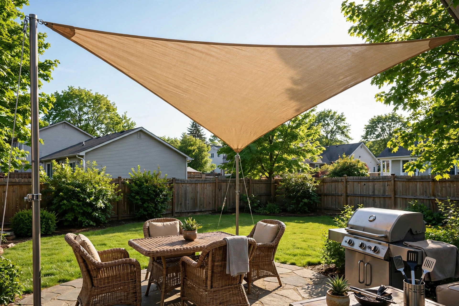 Patio shade sail installation guide photo of a taut triangle shade sail over a backyard patio