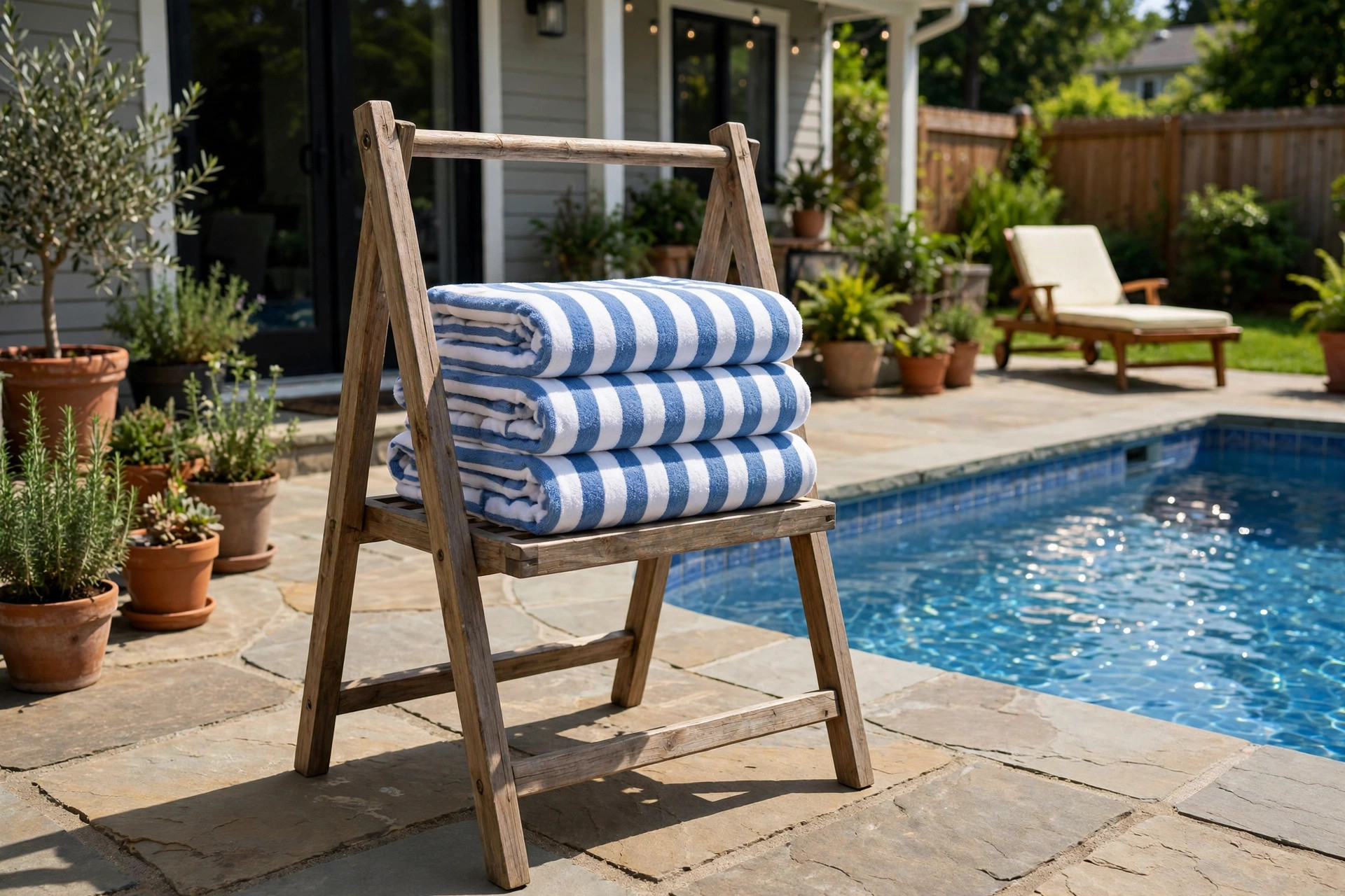 A wooden towel rack with folded pool towels beside a backyard pool, an example of outdoor towel storage for pool area