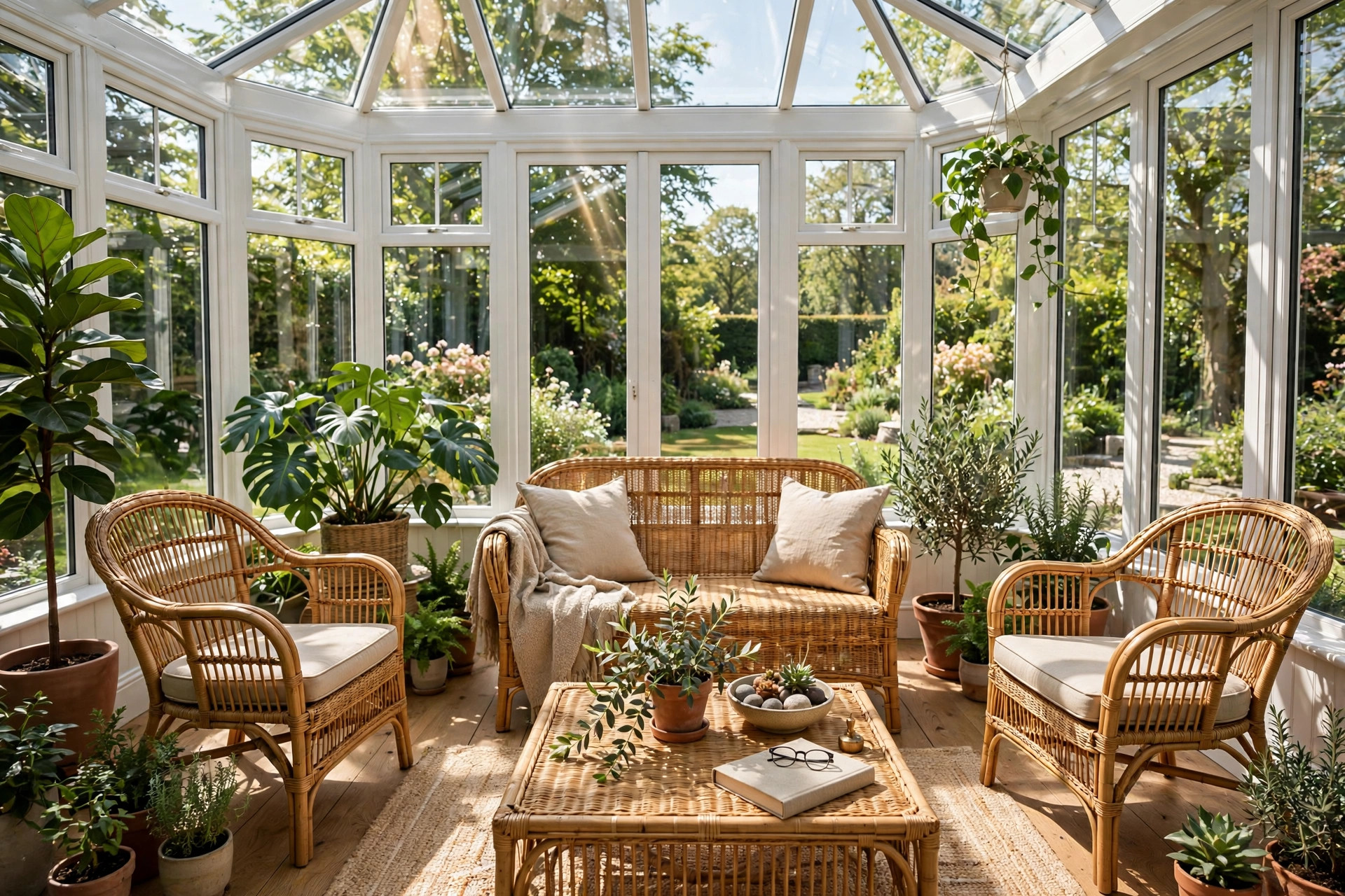 best rattan patio set for conservatory: Wicker-style rattan patio set with cushions in a bright conservatory