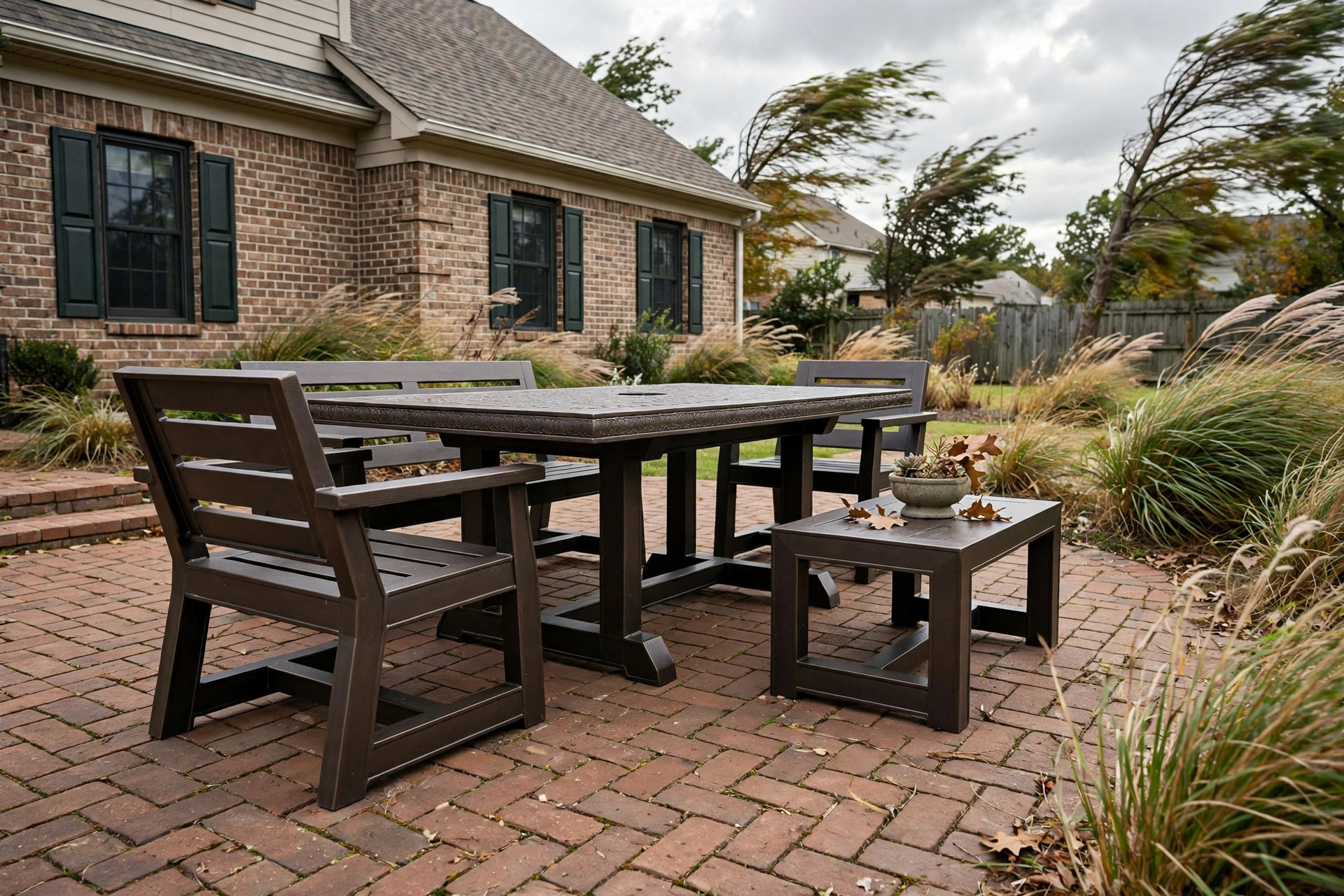patio furniture for windy areas reviews: Heavy patio furniture for windy areas resting on a brick backyard patio