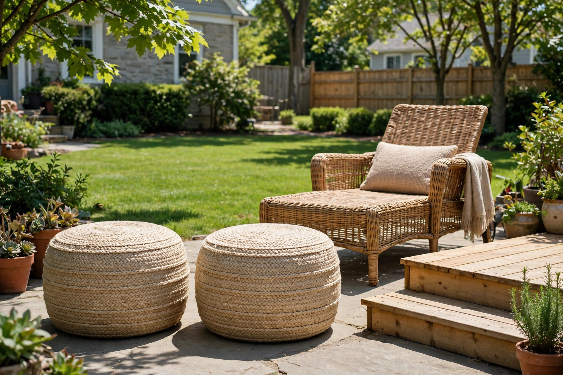 outdoor pouf for patio seating reviews: An outdoor pouf for patio seating on a sunny American patio