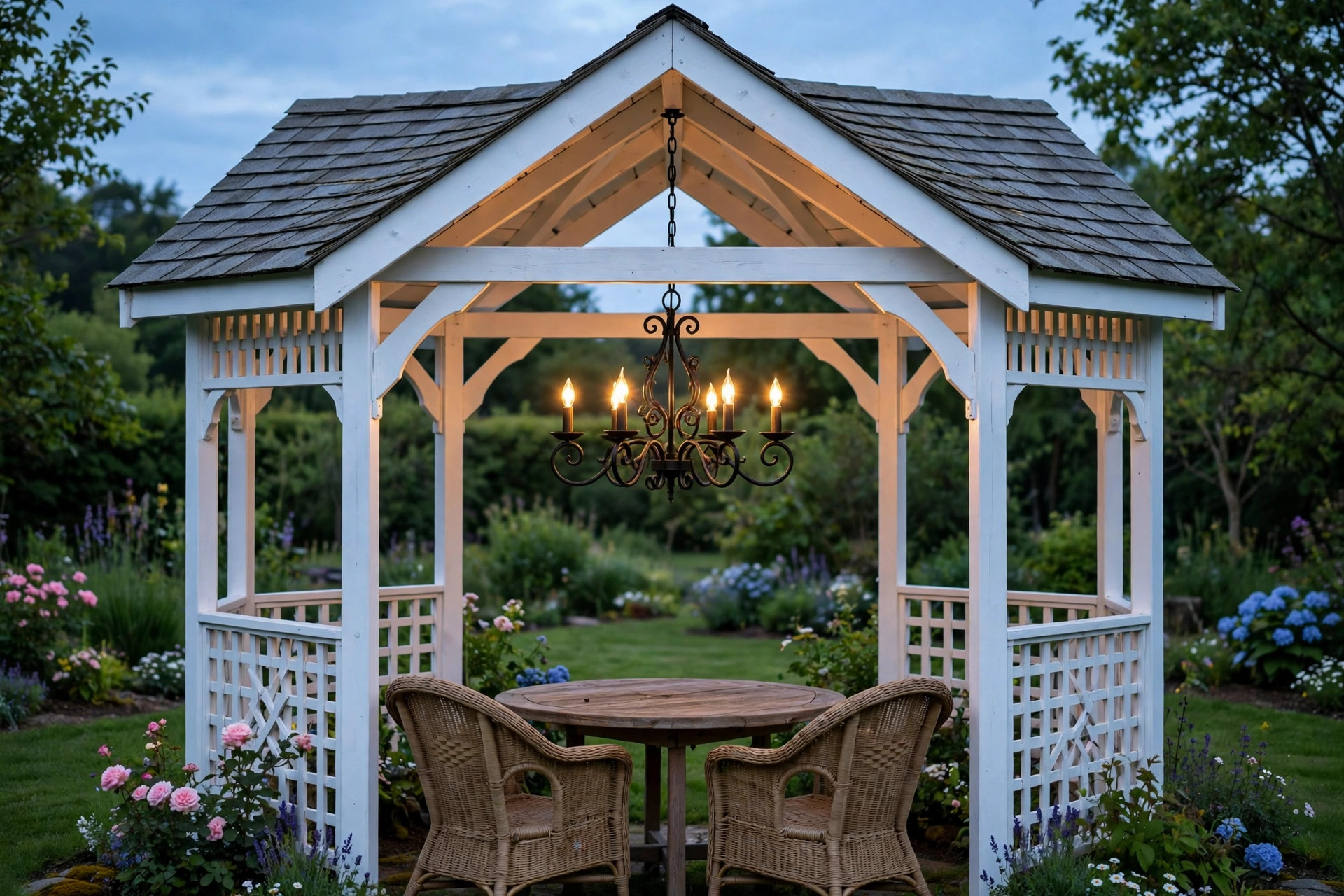 Outdoor chandelier hanging in a gazebo at dusk, best outdoor chandelier for gazebo