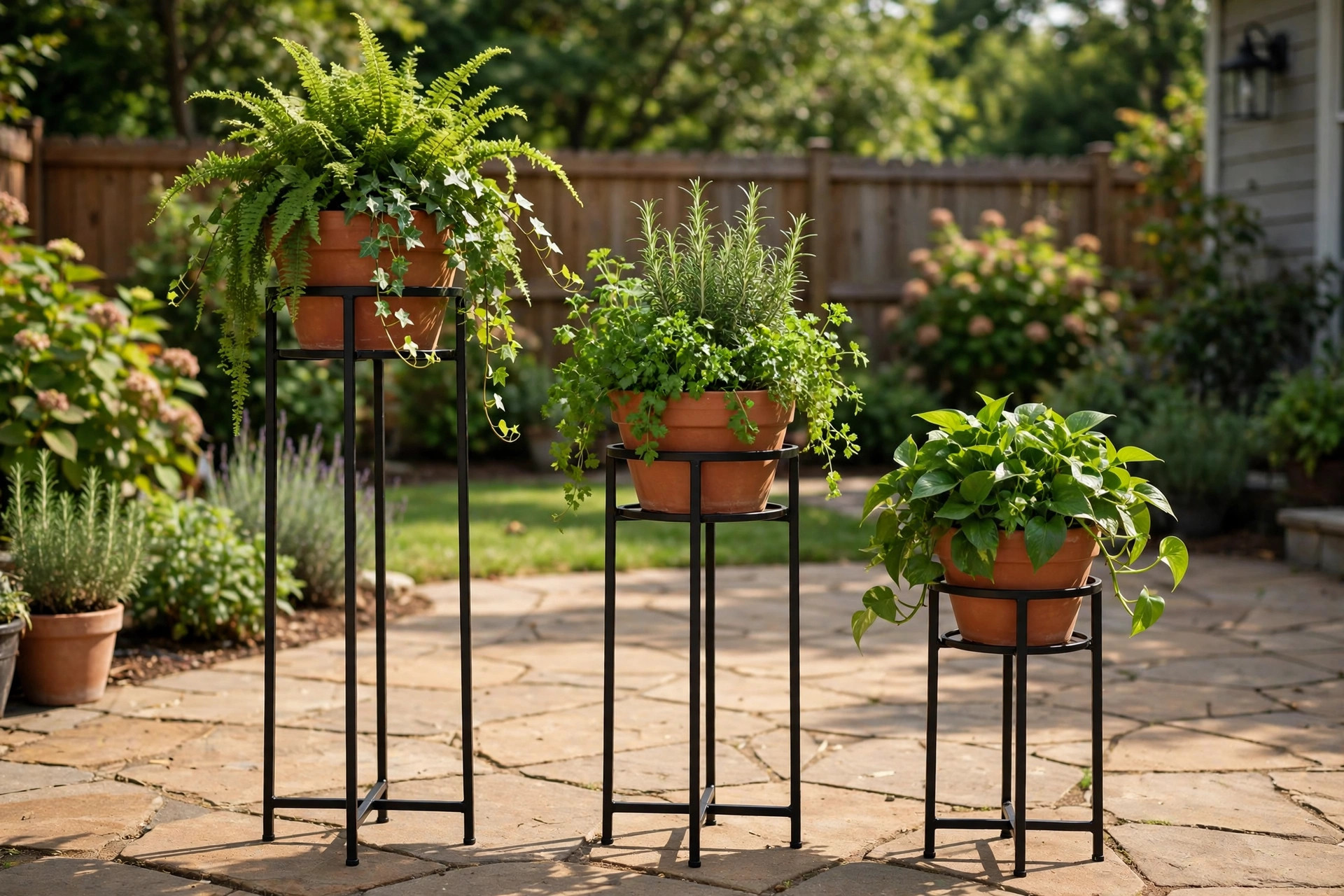 outdoor planter stand set of three: Three-tiered planter stands holding potted plants on a sunny patio