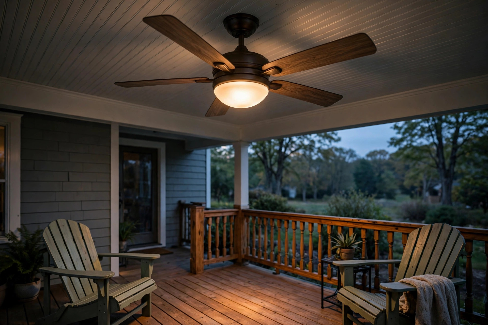 outdoor ceiling fan with light reviews: An outdoor ceiling fan with light mounted under a covered porch ceiling
