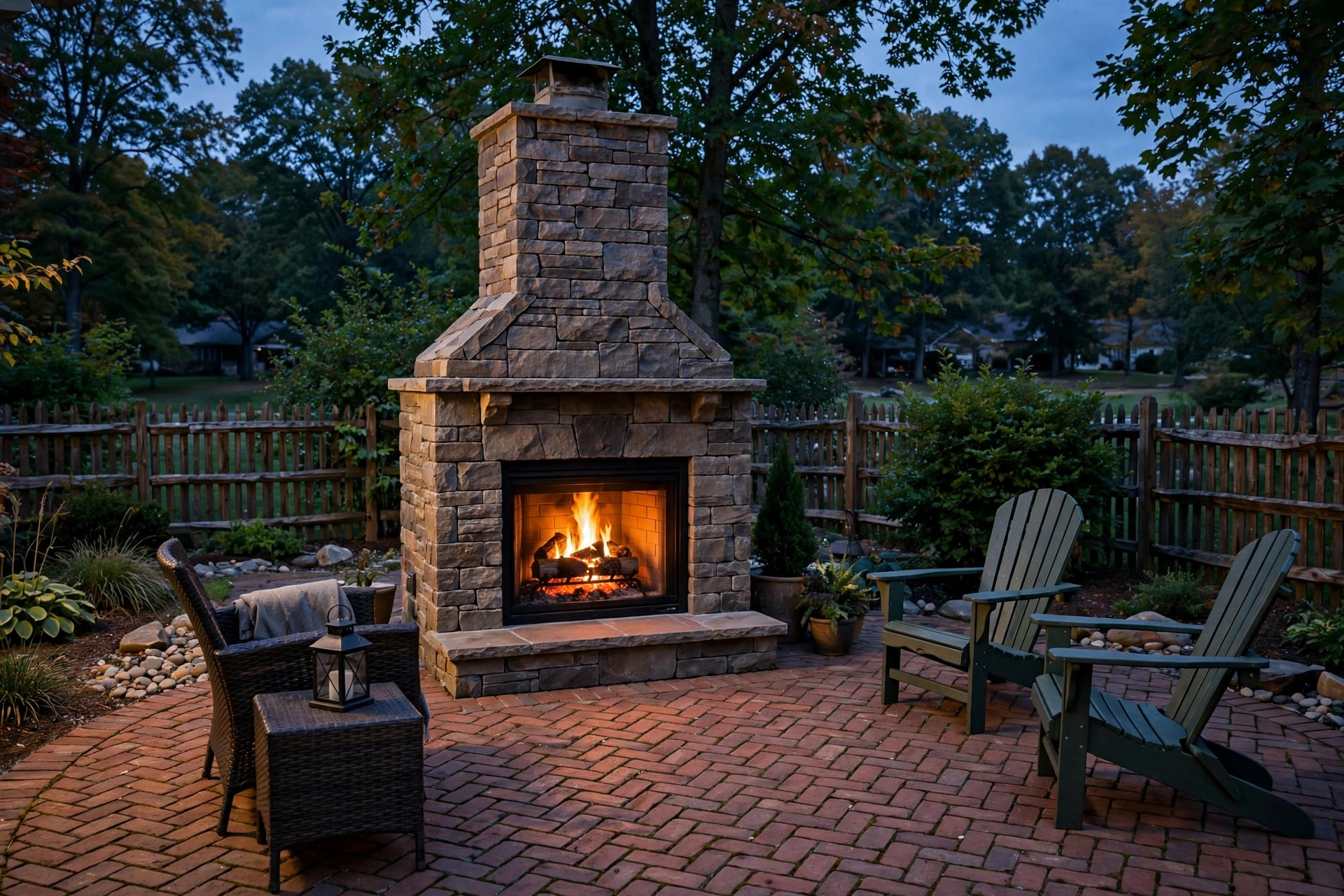outdoor fireplace kit for patio reviews: A stone outdoor fireplace kit assembled on a brick patio at dusk with a wood fire burning