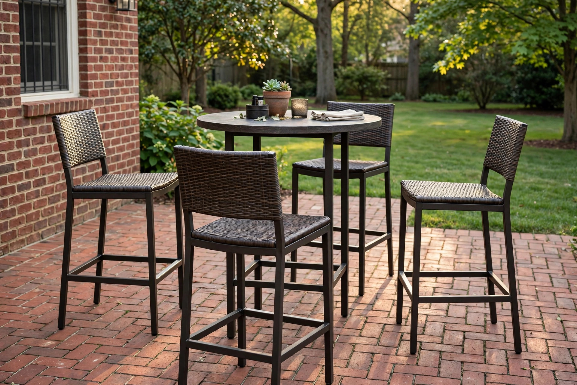 Outdoor bar height chairs set of four on a home patio