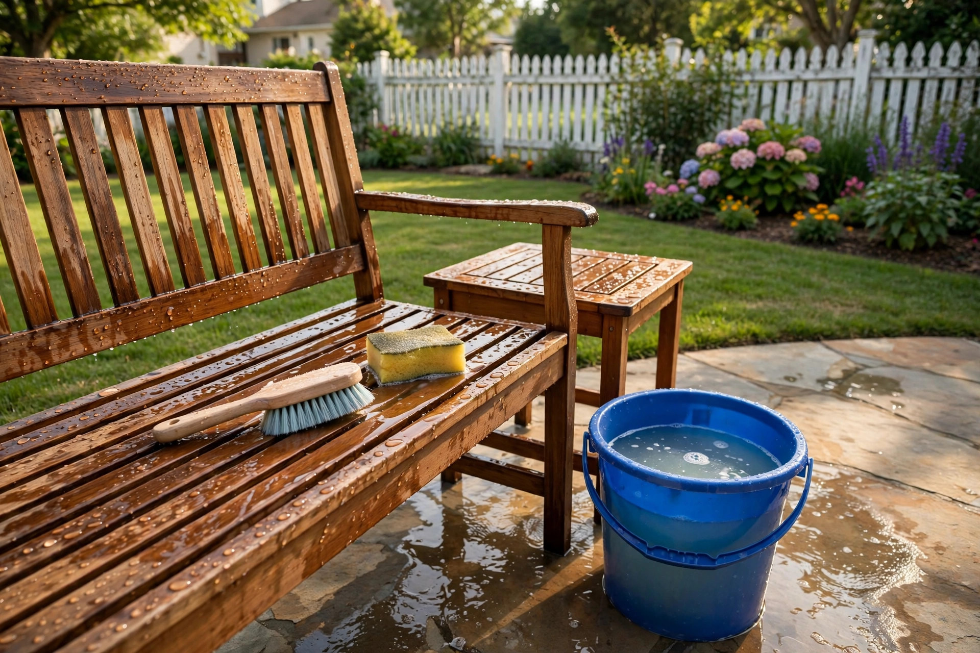 how to clean teak furniture with vinegar: Teak bench being cleaned with vinegar on a sunny patio