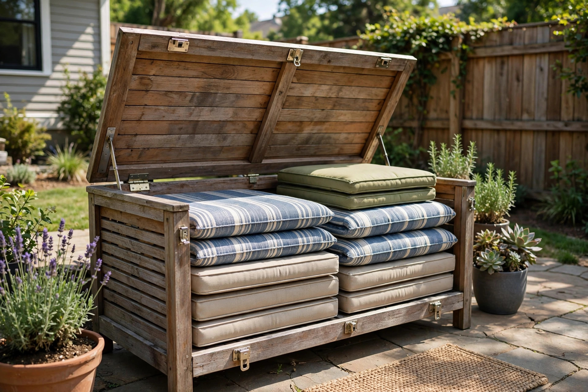 Outdoor storage bench for cushions reviews with weatherproof bench on a patio