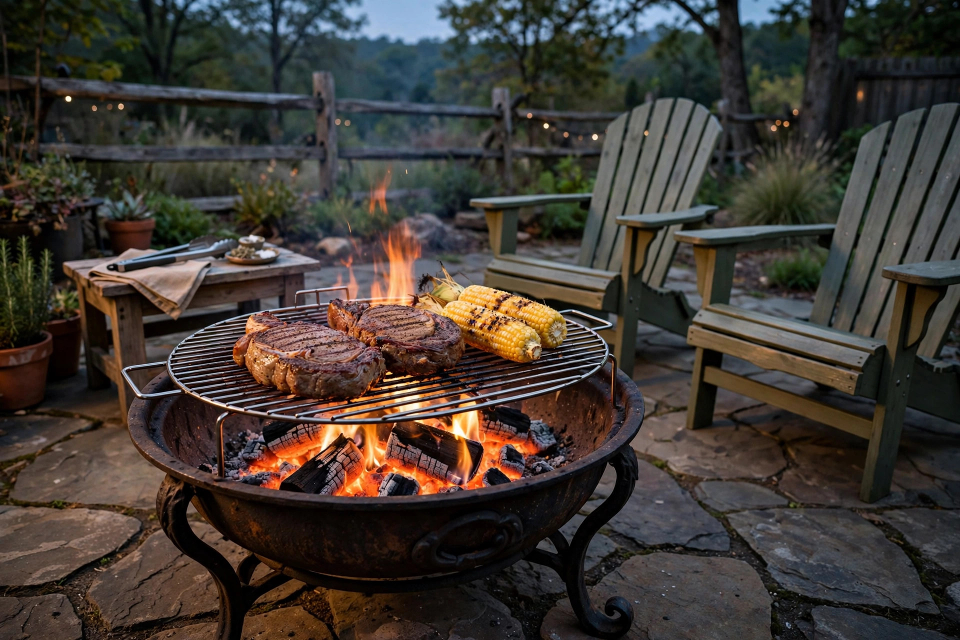Best outdoor fire pit for cooking set on a stone patio at dusk