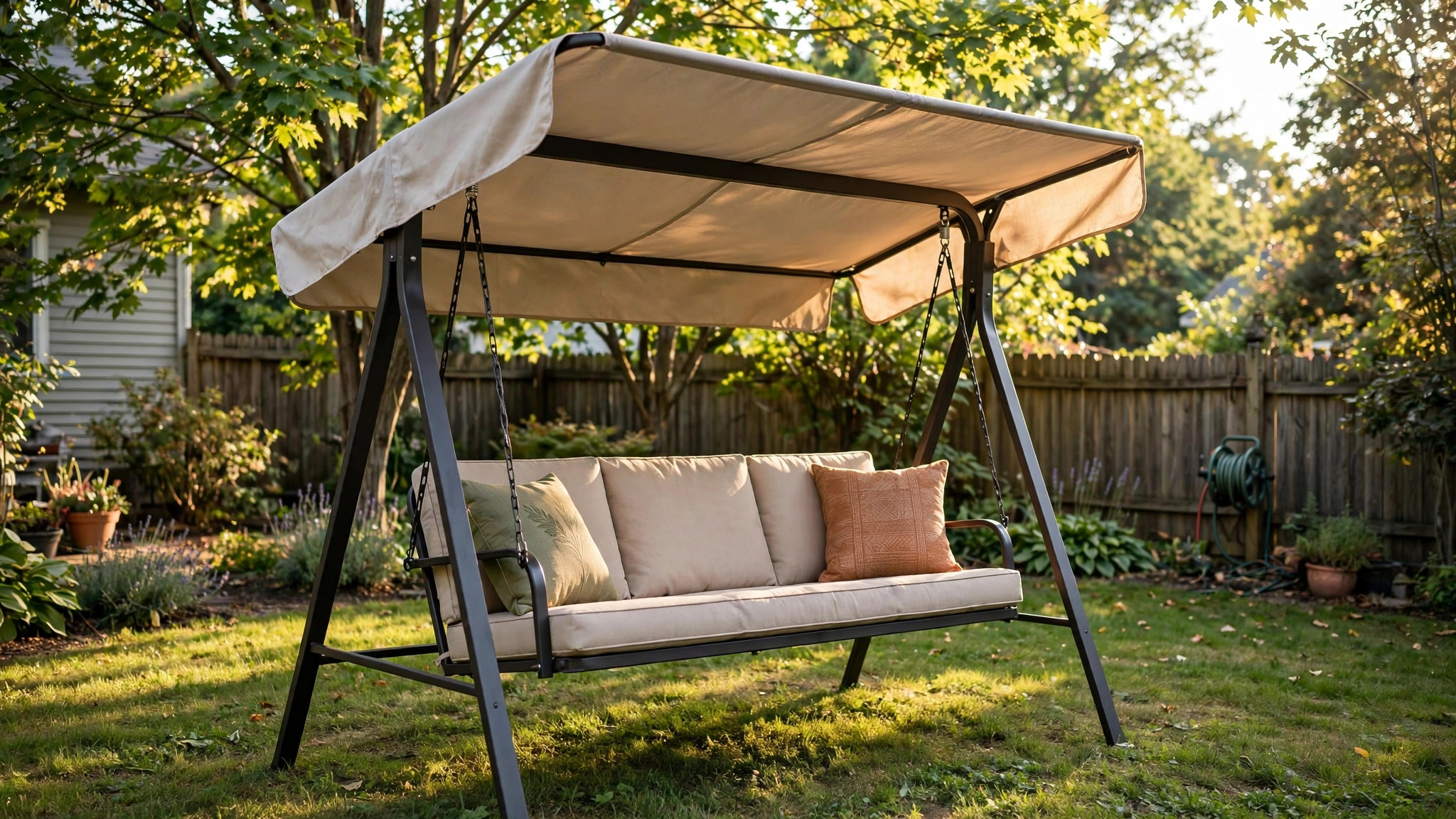 Patio swing with canopy for adults on a backyard lawn