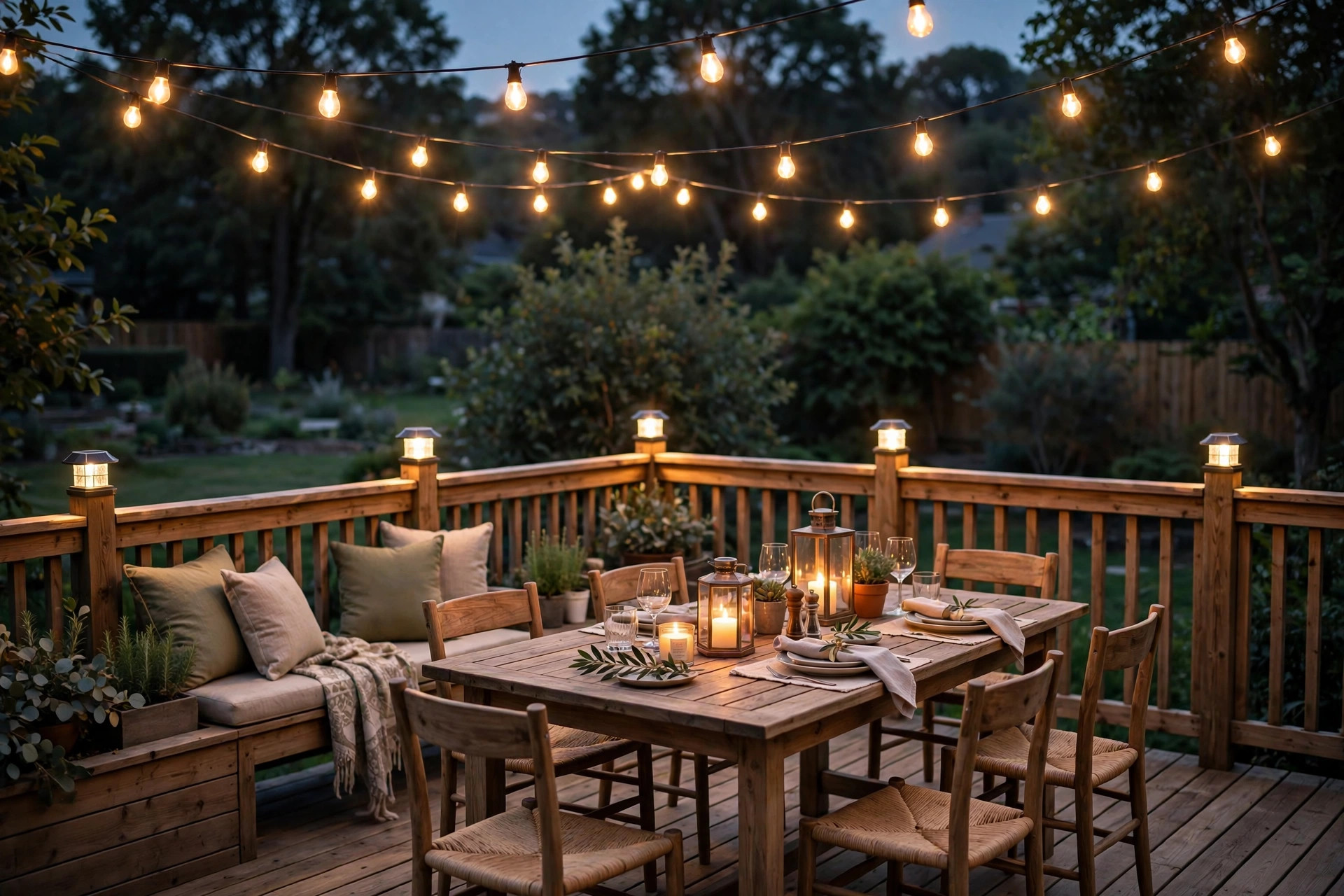 outdoor deck lighting ideas for entertaining: String lights glowing over a wooden deck set for evening entertaining