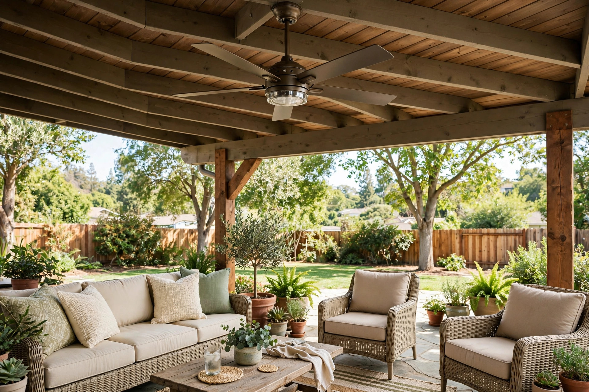 how to install outdoor ceiling fan: Outdoor ceiling fan mounted under a covered patio roof in an American backyard