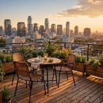 patio furniture for rooftop deck ideas: Outdoor seating and dining set on a rooftop deck with city views