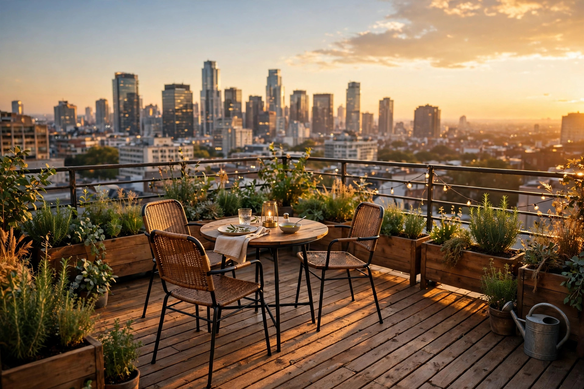 patio furniture for rooftop deck ideas: Outdoor seating and dining set on a rooftop deck with city views