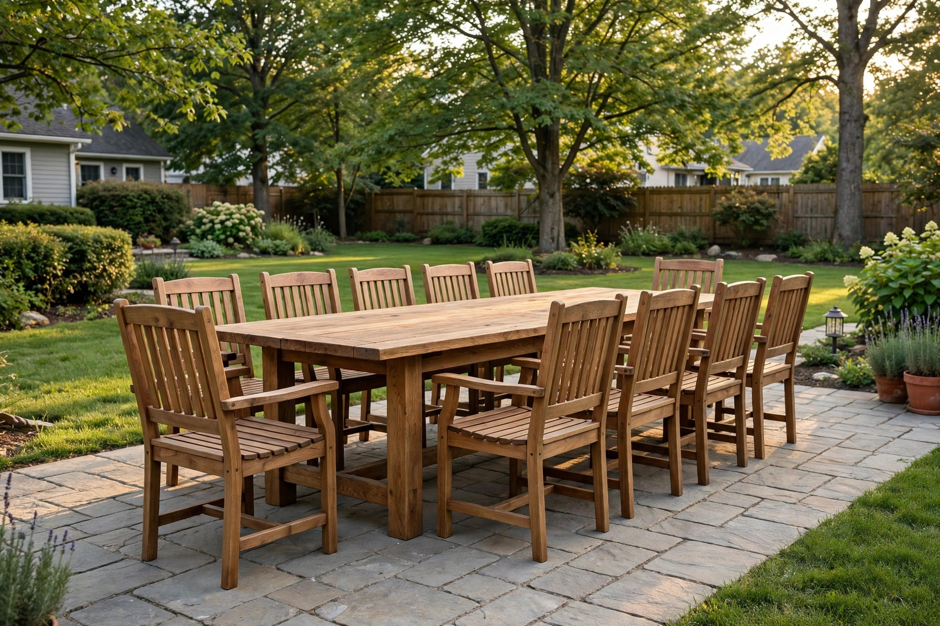best outdoor dining set for ten: A long rectangular outdoor dining set for ten on a stone patio in a backyard