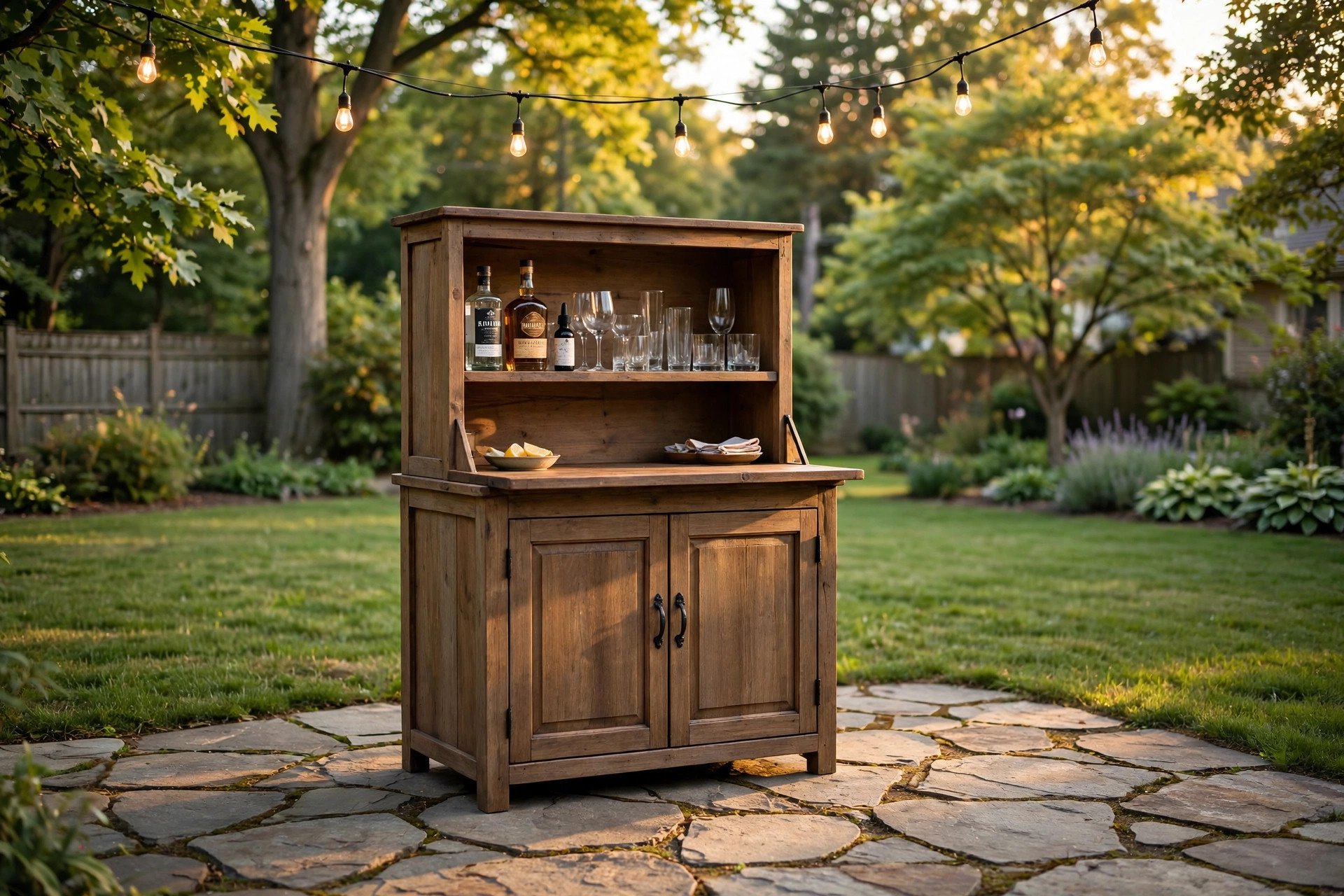 Outdoor bar cabinet for patio reviews shown on a real stone patio