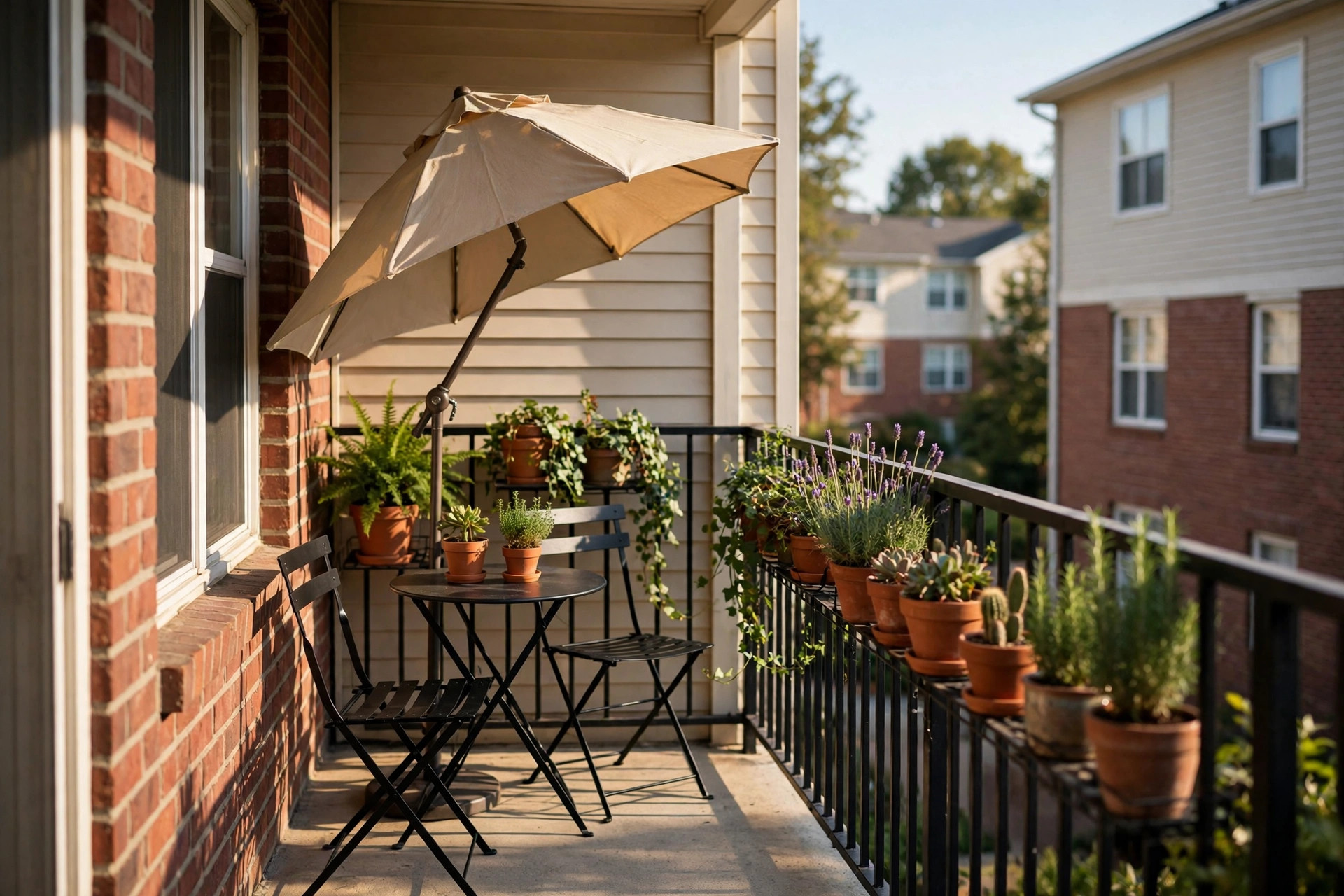 Patio umbrella shading a small apartment balcony with bistro chairs, best patio umbrella for small balcony