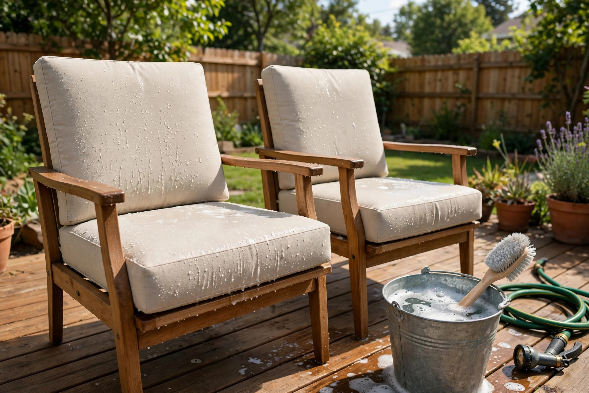 how to clean outdoor fabric chairs: Freshly cleaned outdoor fabric chairs on a sunny patio