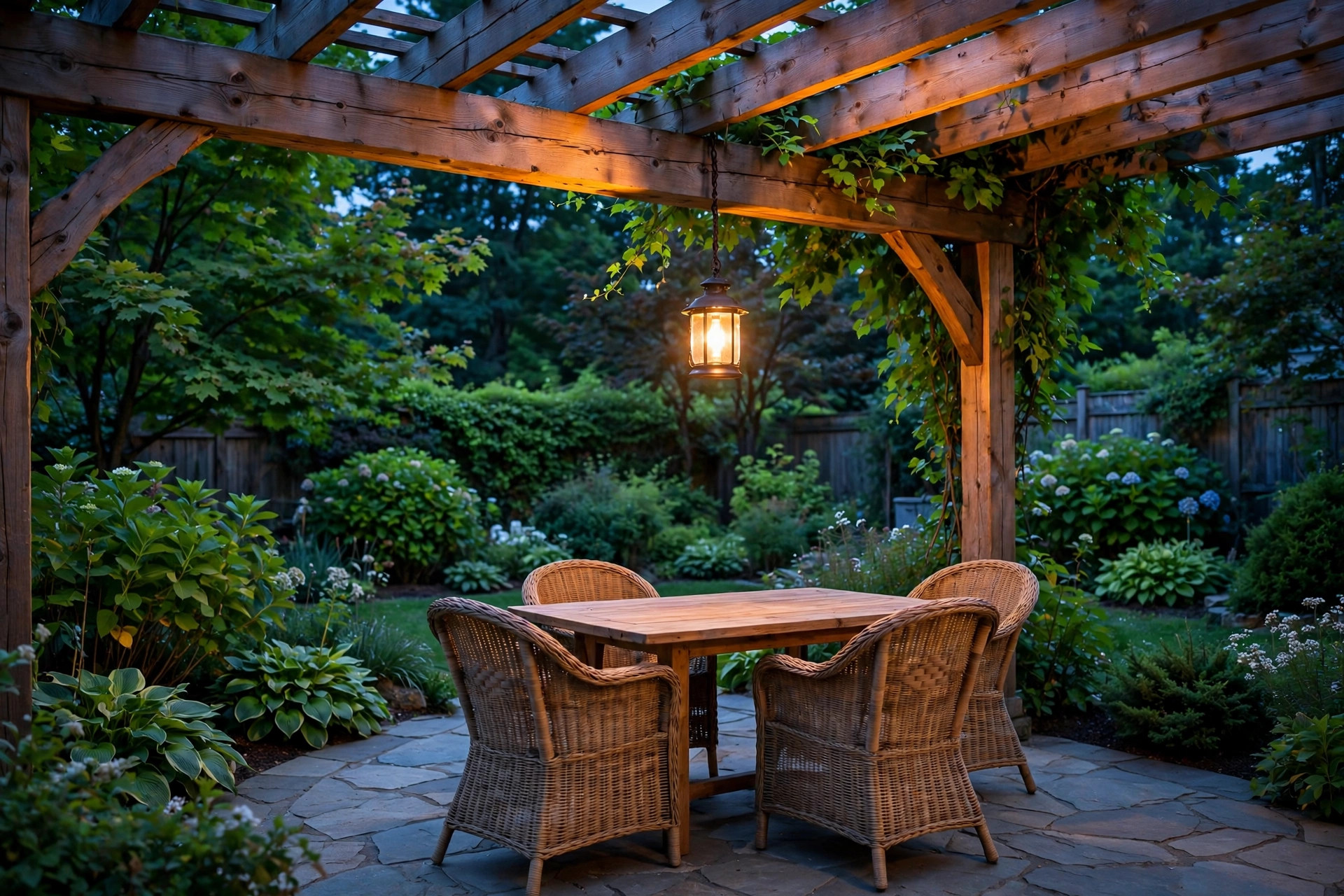 best outdoor pendant light for patio: Outdoor pendant lights glowing over a patio dining table