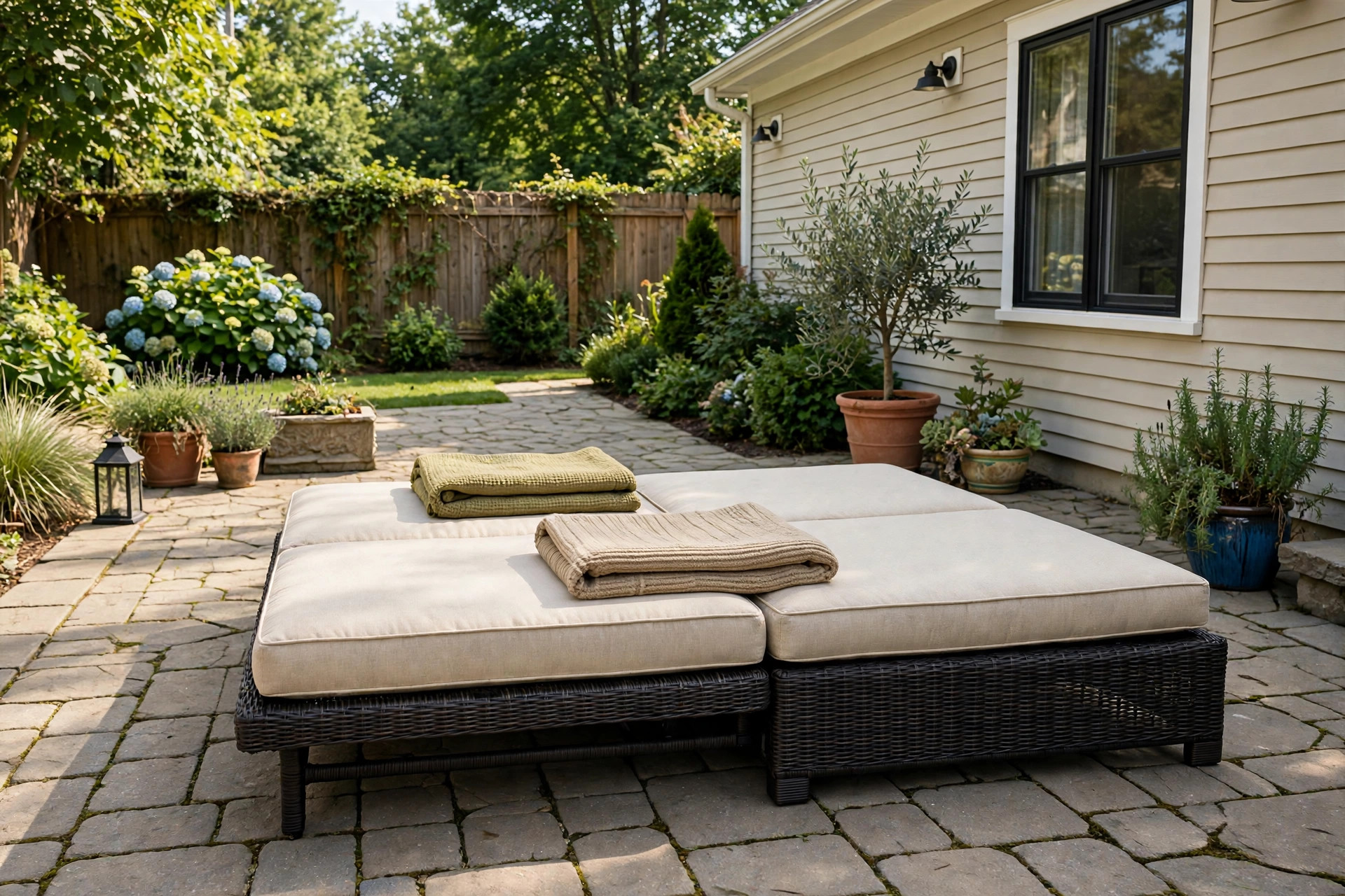 Outdoor sofa bed for patio guests folded out into a bed on a patio