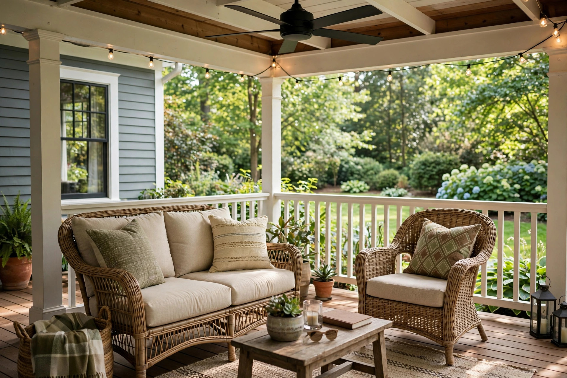 how to protect wicker furniture outdoors: Wicker patio furniture on a covered outdoor deck