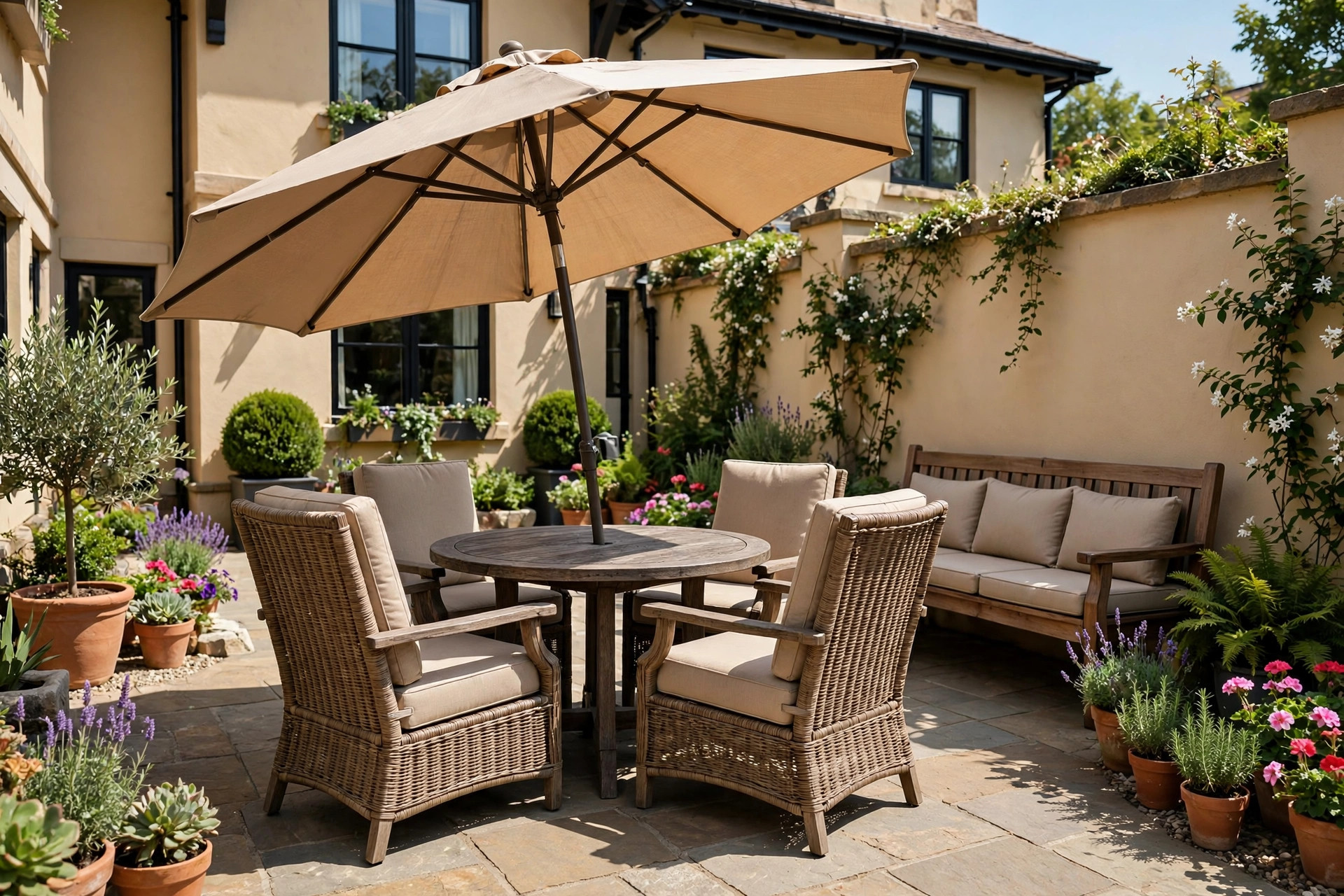 Patio furniture for senior living communities in a sunny courtyard