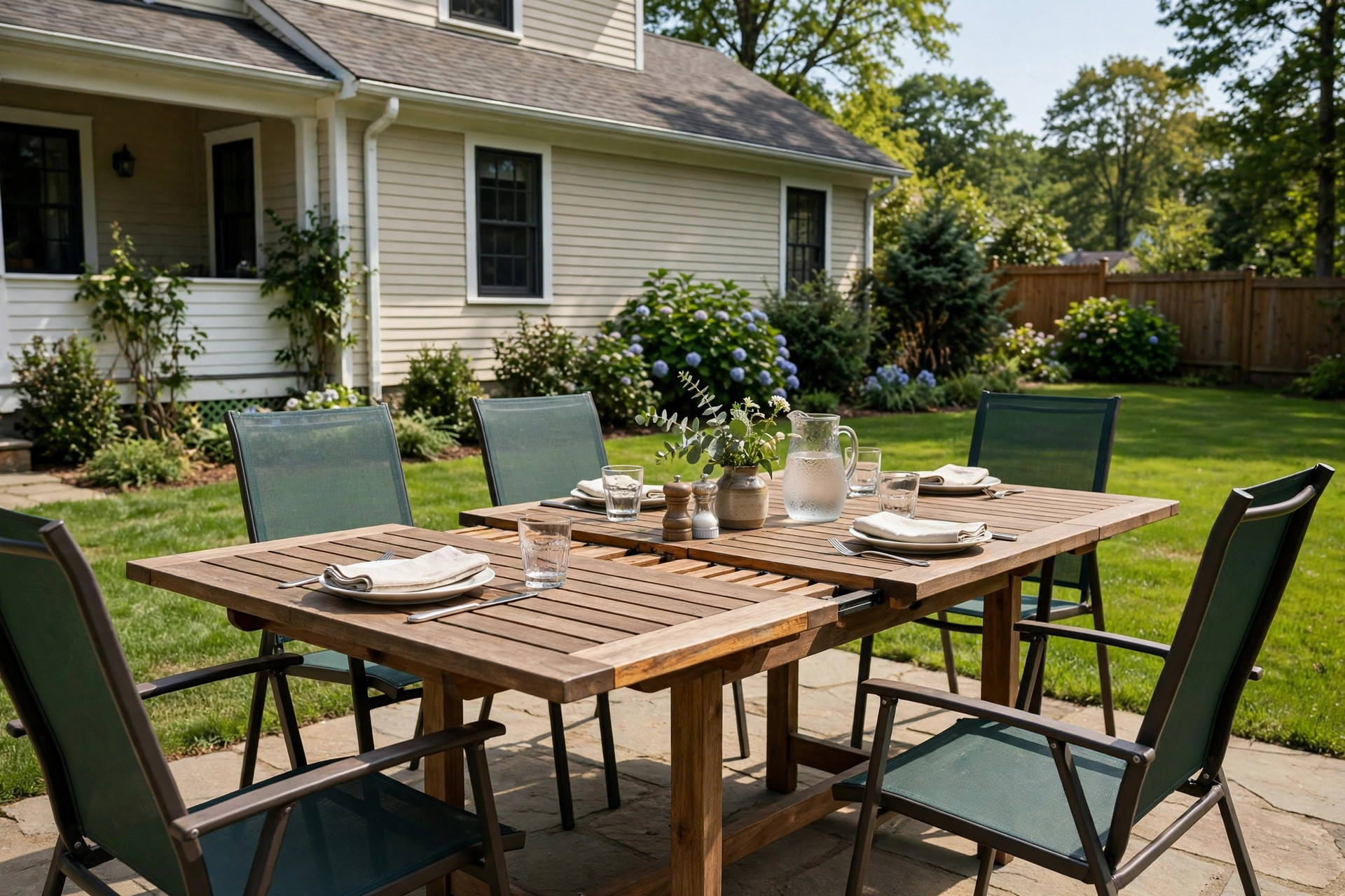 Outdoor dining table extendable for parties set on a sunny patio