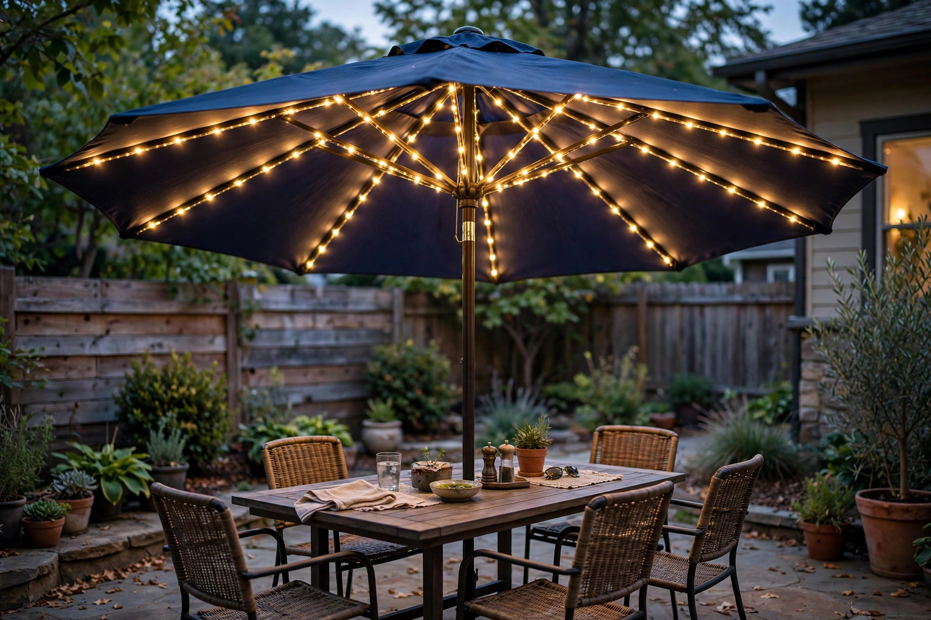 best solar umbrella lights for patio: Solar umbrella lights glowing warmly under a patio umbrella at dusk