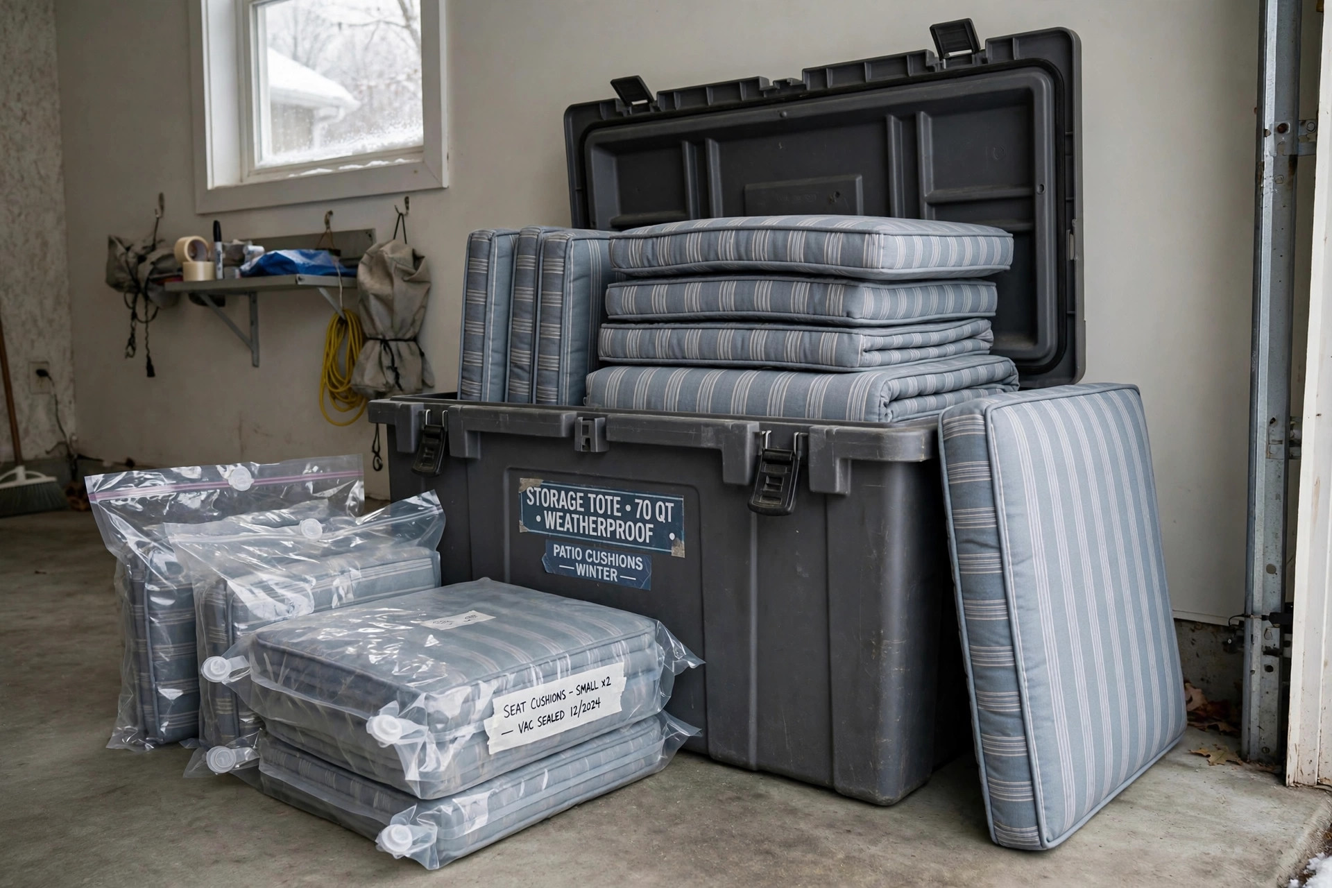 how to store patio cushions in winter: Patio cushions stored in a weatherproof box and vacuum bags in a garage during winter
