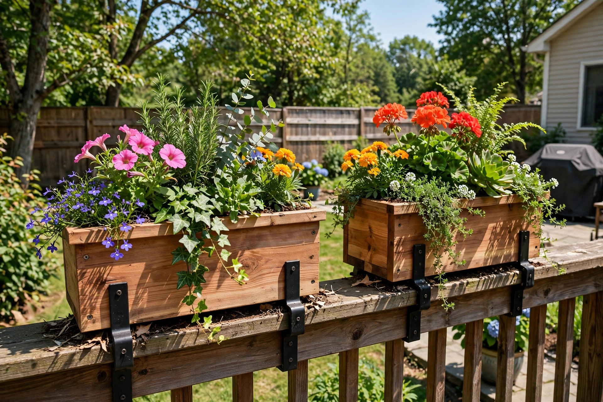 Outdoor planter boxes for patio railing filled with flowers on a wooden deck