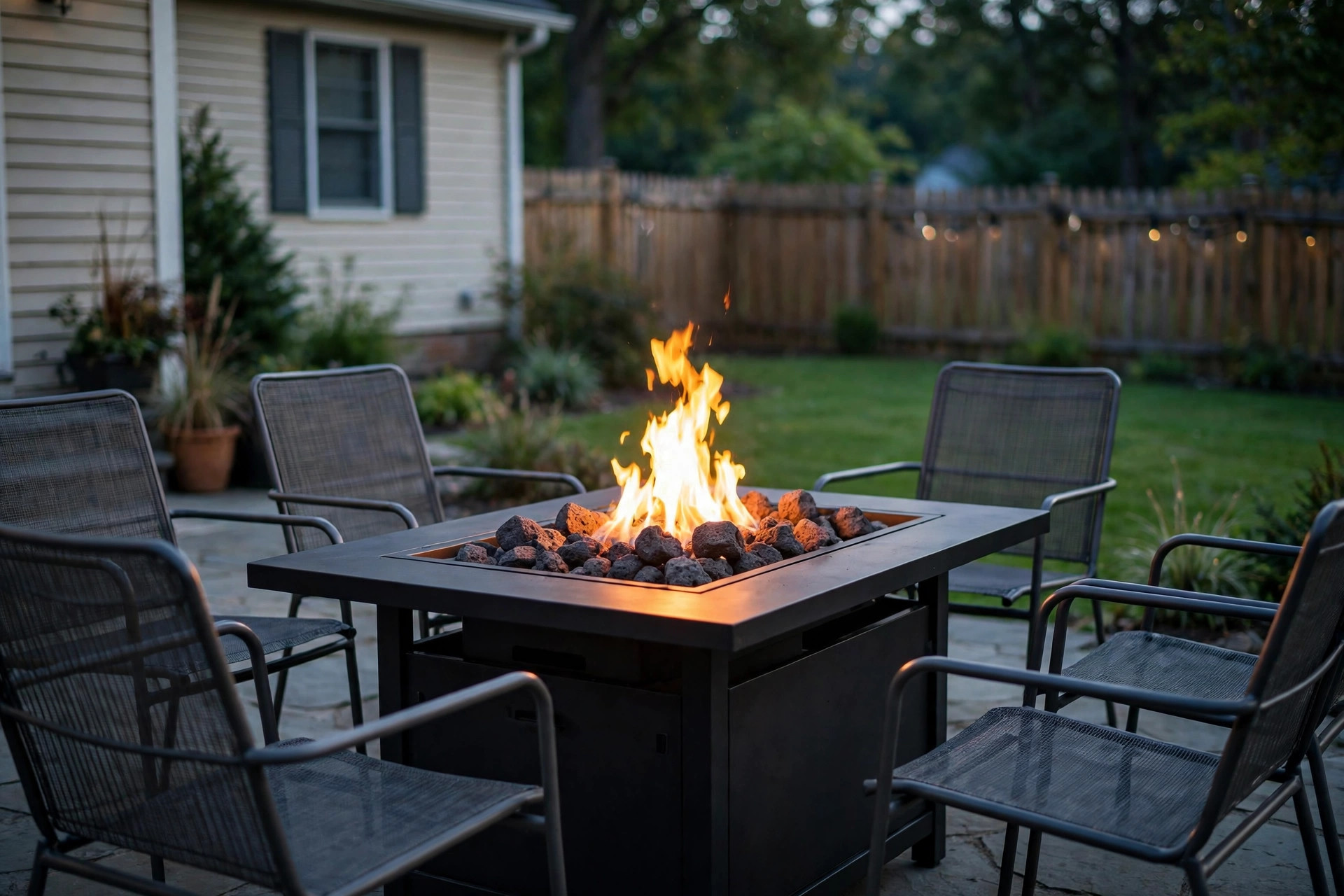 outdoor fire table propane reviews: Propane outdoor fire table glowing on a patio at dusk