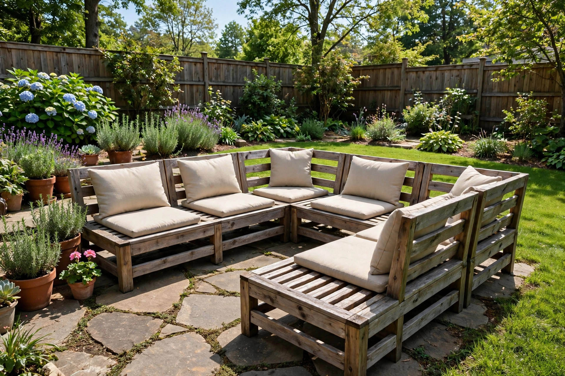 how to build outdoor sectional sofa: An outdoor sectional sofa built from wood on a patio