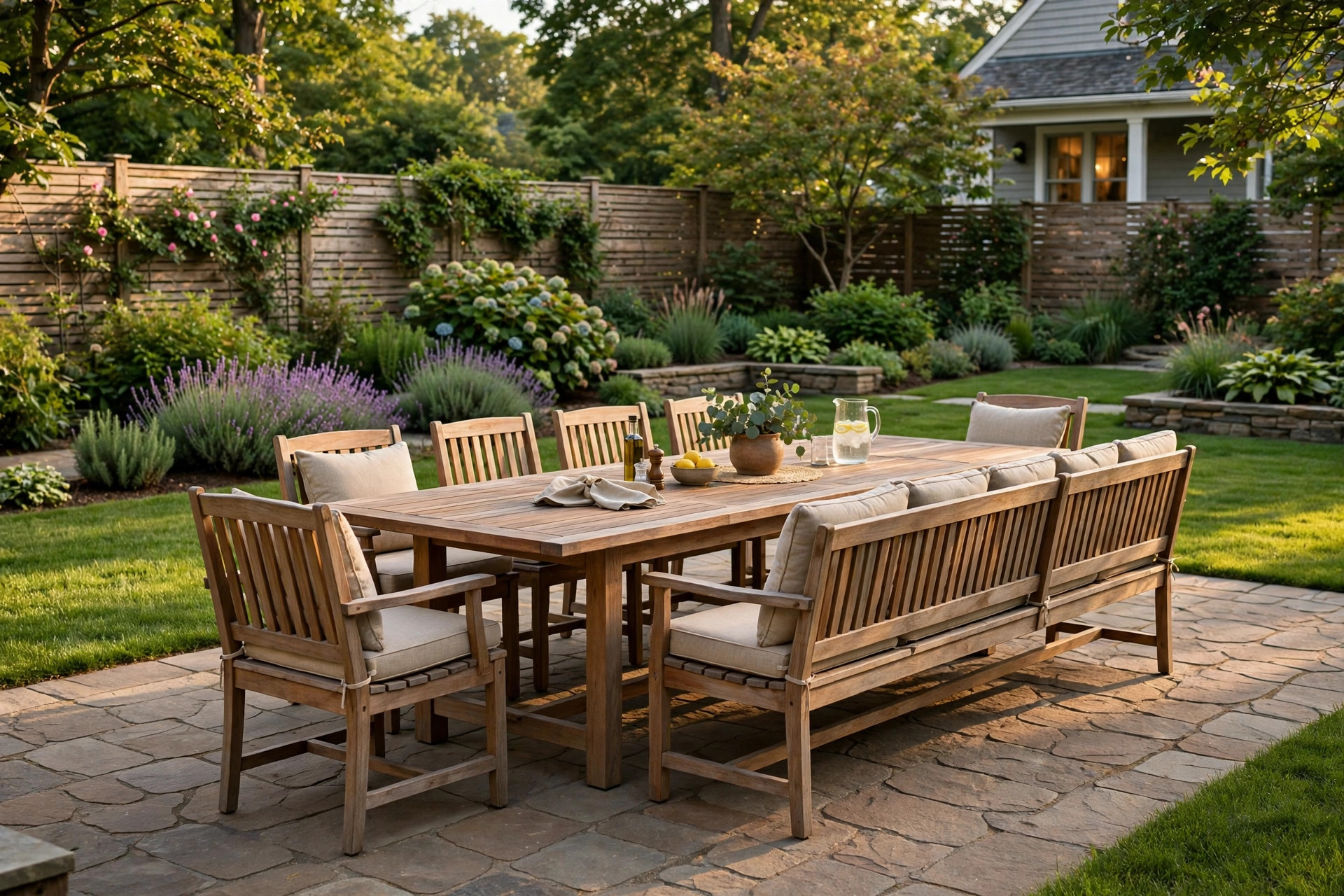 patio furniture sets for large families: Large patio furniture set on a spacious American backyard patio
