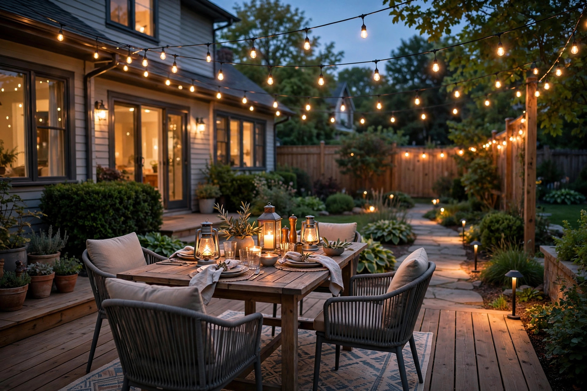 A warmly lit backyard patio at dusk showing the best patio lights for evening entertaining