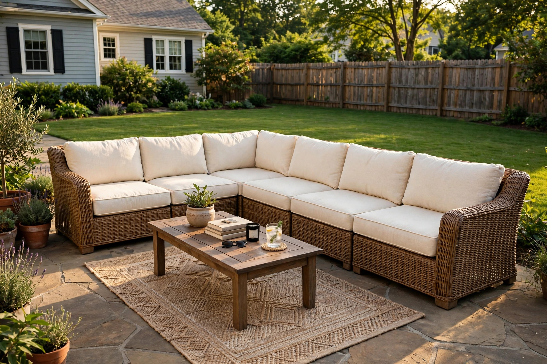 Outdoor sectional for L shaped patio in woven wicker with cream cushions