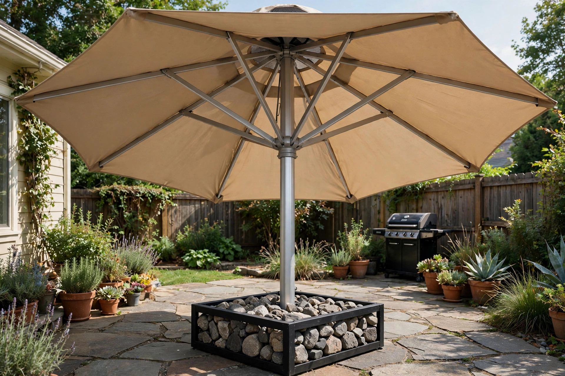 Patio umbrella for high wind areas with heavy base on a stone patio