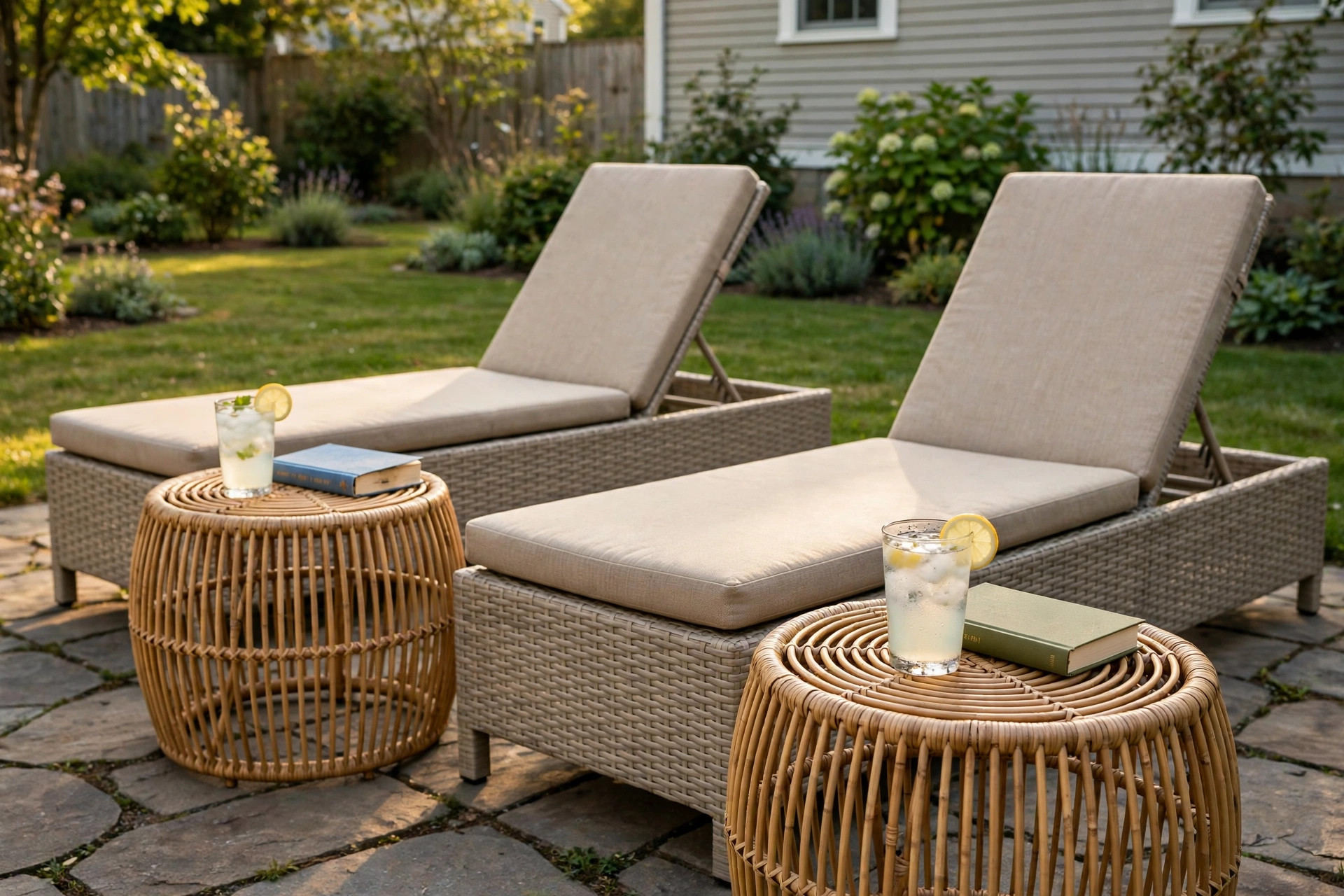 outdoor drink table set of two: Two matching outdoor drink tables beside patio chairs on a backyard patio