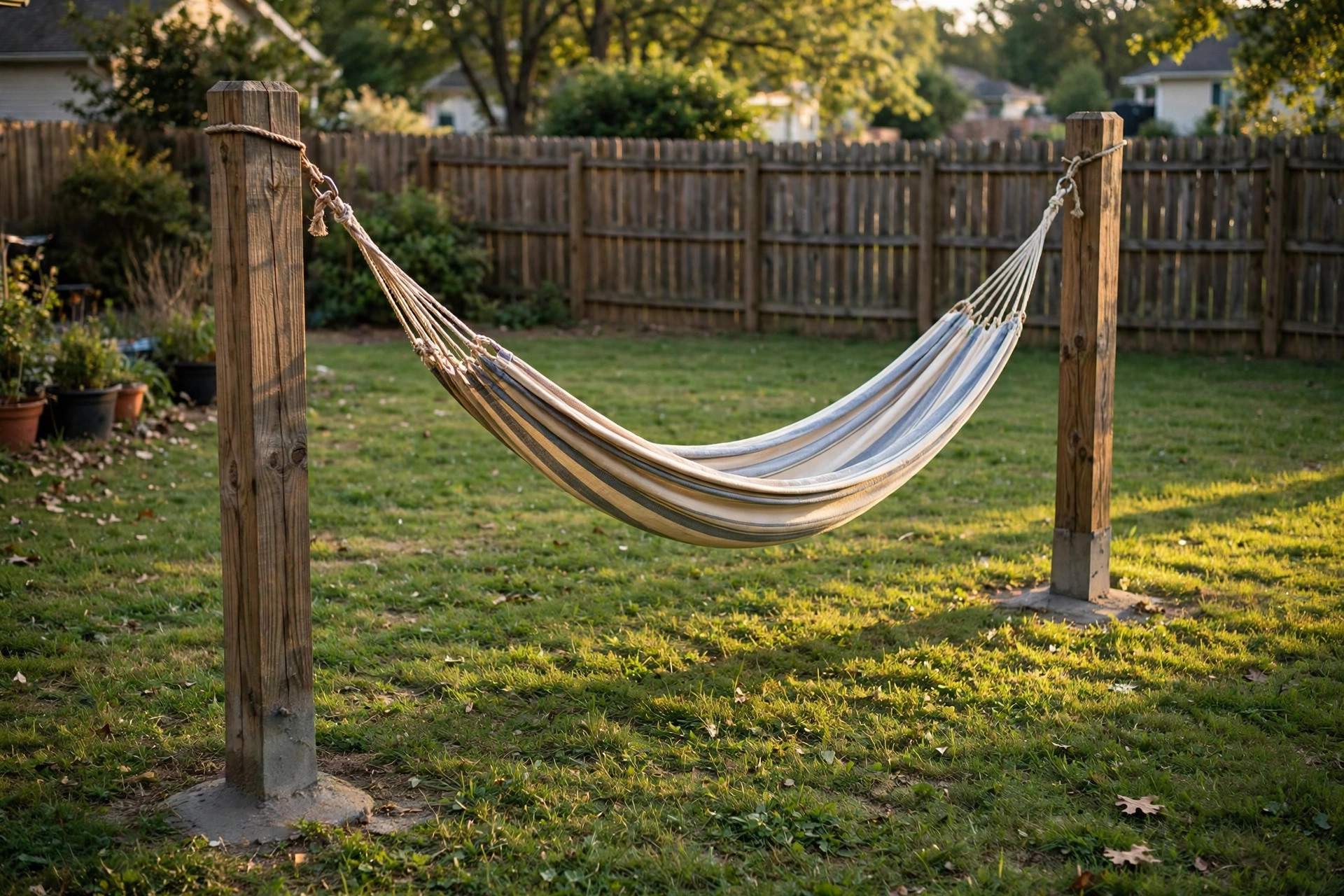 Hammock hung between two wooden posts in a backyard showing how to hang hammock without trees