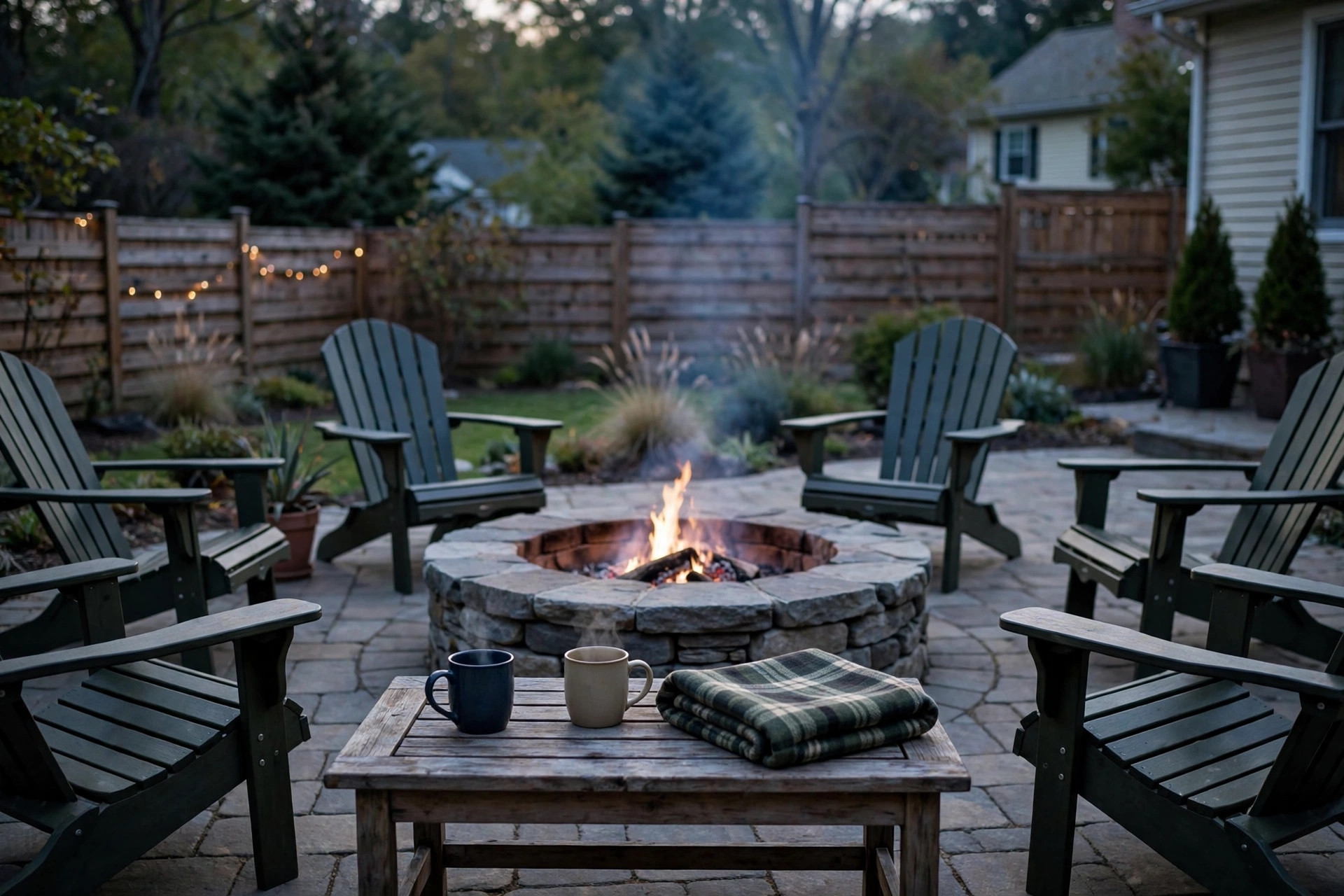 An outdoor coffee table for fire pit area seating, with a stone fire pit and patio chairs