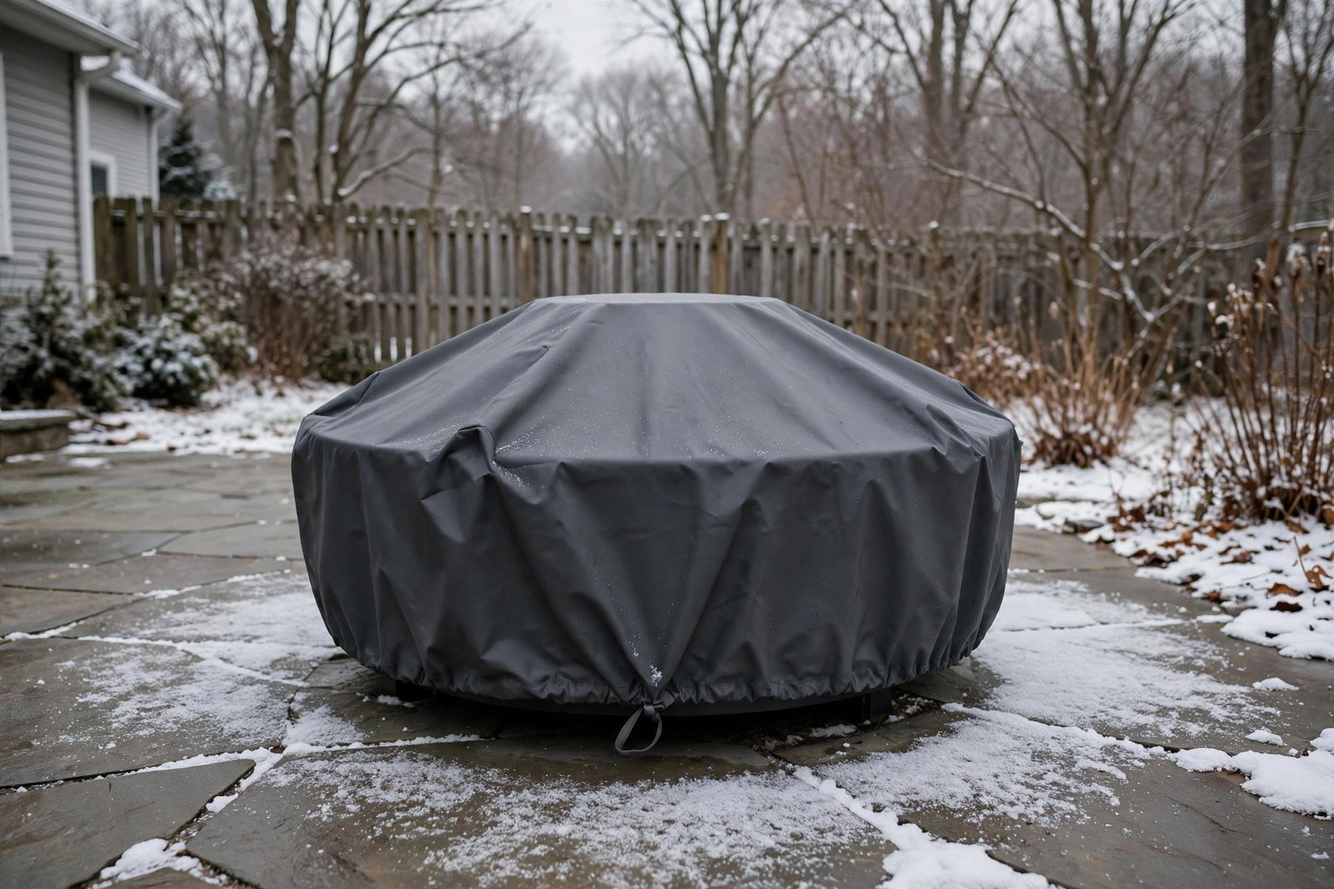 how to winterize gas fire pit: Gas fire pit with a fitted winter cover on a snowy patio